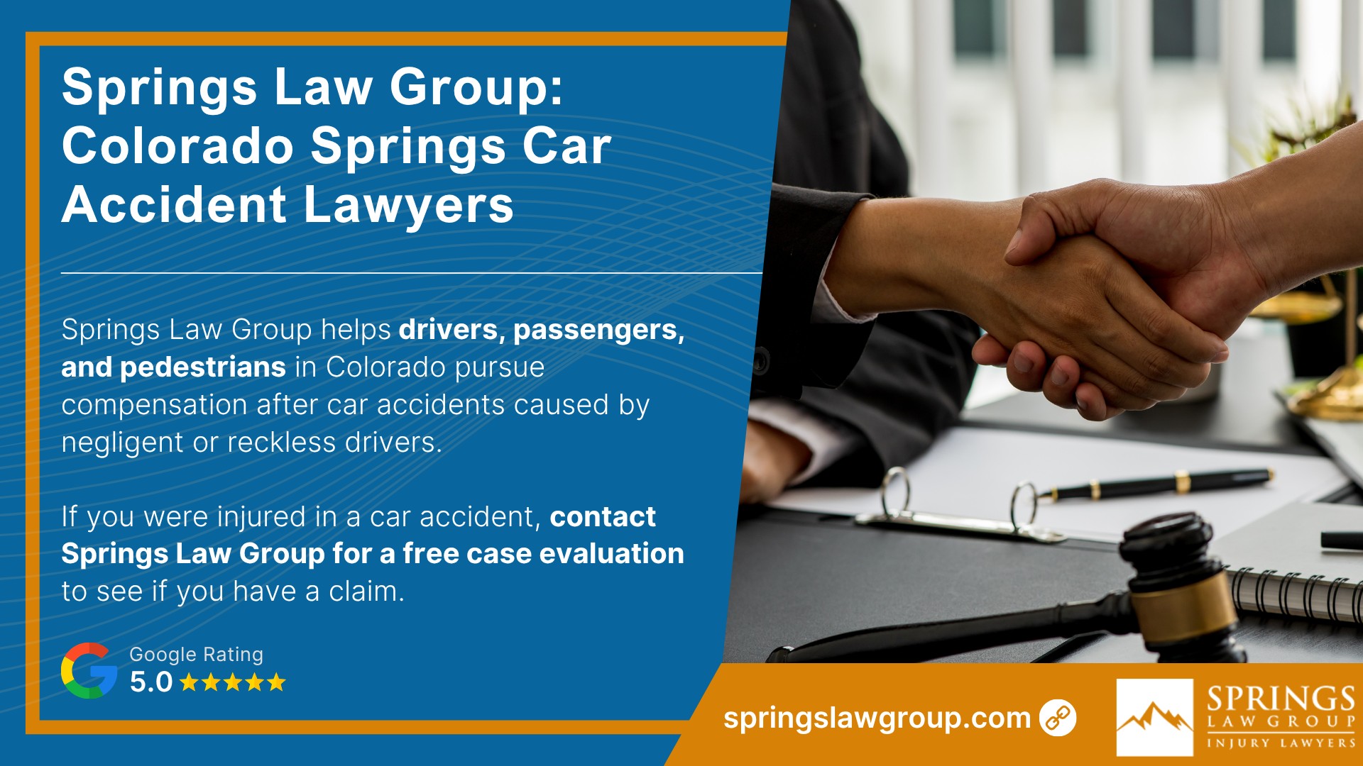 Understanding Attorney Fees for Car Accident Cases; Contingency Fee Basis_ How Most Car Accident Lawyers Work; Springs Law Group’s Contingency Fee Structure; What Happens If You Don’t Recover Compensation; Cost Shouldn’t Be a Barrier to Legal Help; Police Reports vs. Insurance Determinations; Springs Law Group_ Colorado Springs Car Accident Lawyers