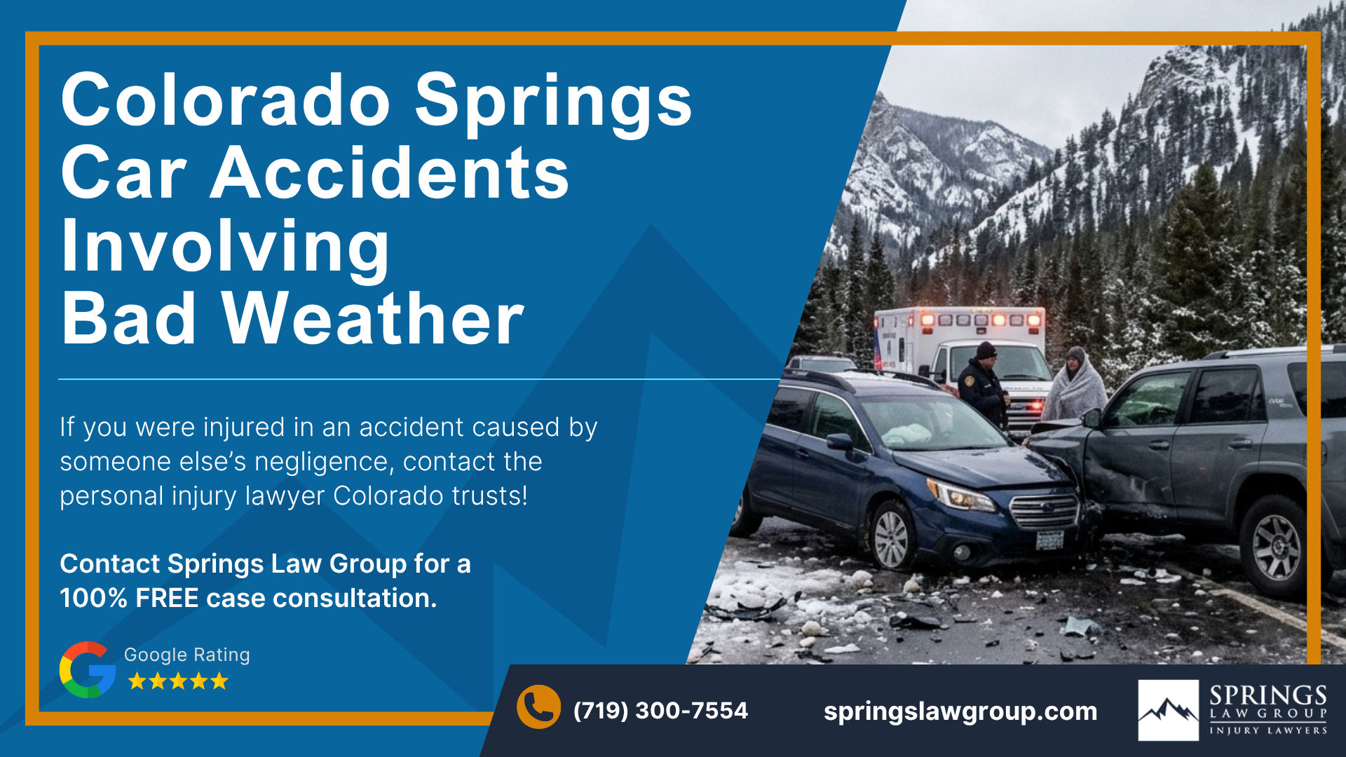 The Weather Conditions That Most Often Cause Colorado Springs Crashes; Snow, Ice, and Black Ice; When Bad Weather Still Means Someone Is Liable; Weather Is Not a Legal Excuse; What to Do After a Weather-Related Crash; Springs Law Group Colorado Car Accident Attorneys; Colorado Springs Car Accidents Involving Bad Weather (1)