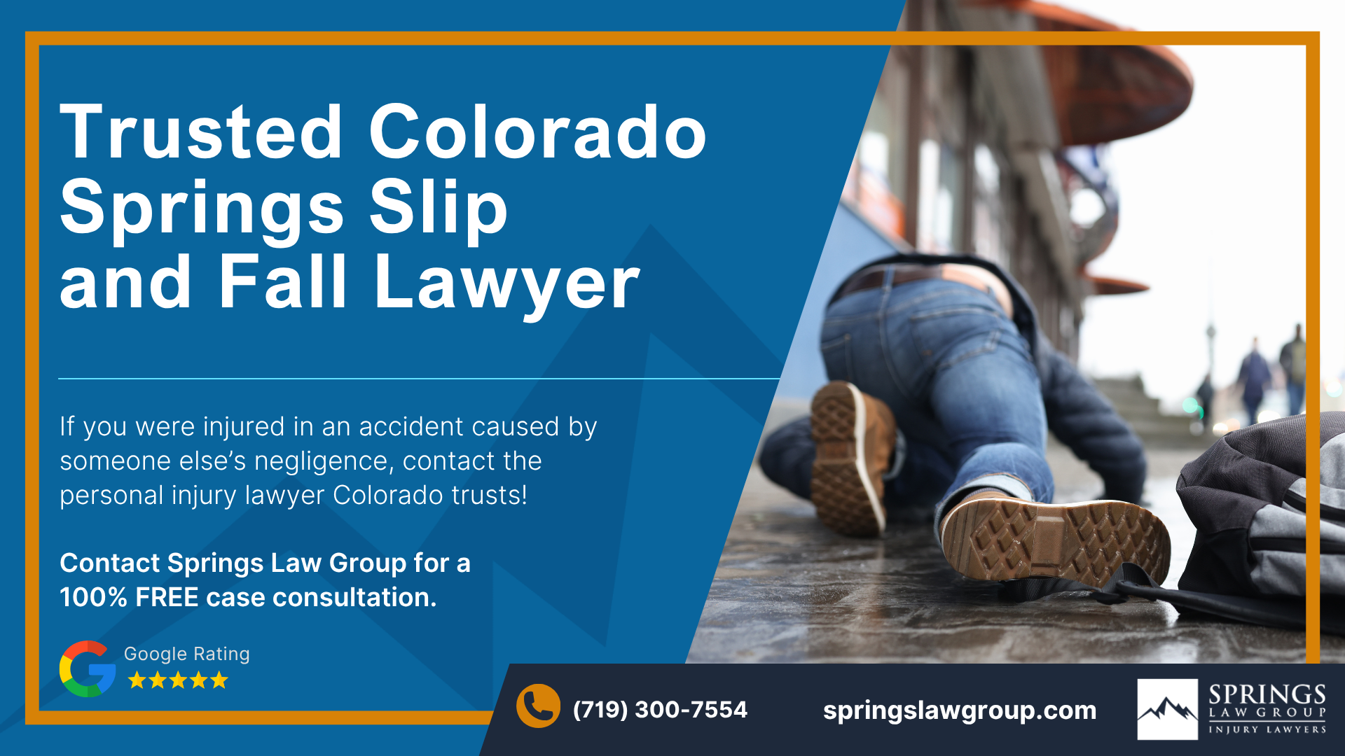 Meet Our Experienced Slip and Fall Attorneys; Christopher Nicolaysen_ Colorado Springs Slip and Fall Lawyer; How Much Does it Cost to Hire a Slip and Fall Lawyer from Springs Law Group; What To Do After a Slip and Fall Accident in Colorado Springs, Colorado; Gather Evidence for a Slip and Fall Claim; Damages in a Slip and Fall Case; When Can You File a Slip and Fall Claim in Colorado; Who Can You Sue in a Slip and Fall Lawsuit; Steps of the Legal Process for Slip and Fall Cases Explained; Common Causes of Slip and Fall Accidents; Types of Slip and Fall Injuries; Do You Qualify for a Slip and Fall Accident Case; Springs Law Group_ Experienced Colorado Slip and Fall Attorneys