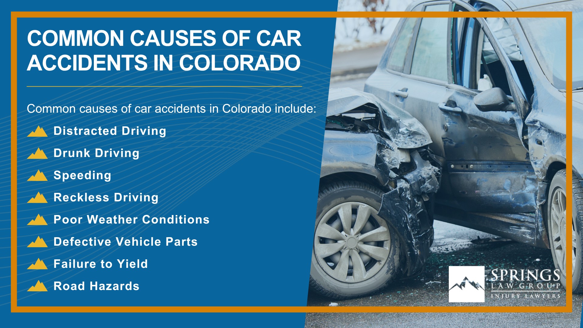 What Types of Car Accident Claims Can Springs Law Group Assist Me With; Meet Our Colorado Springs Car Accident Lawyers; Christopher Nicolaysen_ Colorado Springs Car Accident Lawyer; What to Do After a Car Accident in Colorado Springs, CO; Evidence in Car Accident Claims; Common Damages in a Personal Injury Case; Stay Away From Social Media After a Car Accident!; The Legal Process for a Car Accident Case in Colorado; Colorado Minimum Auto Insurance Requirements; Common Car Accident Injuries; Common Causes of Car Accidents in Colorado; Common Causes of Car Accidents in Colorado 