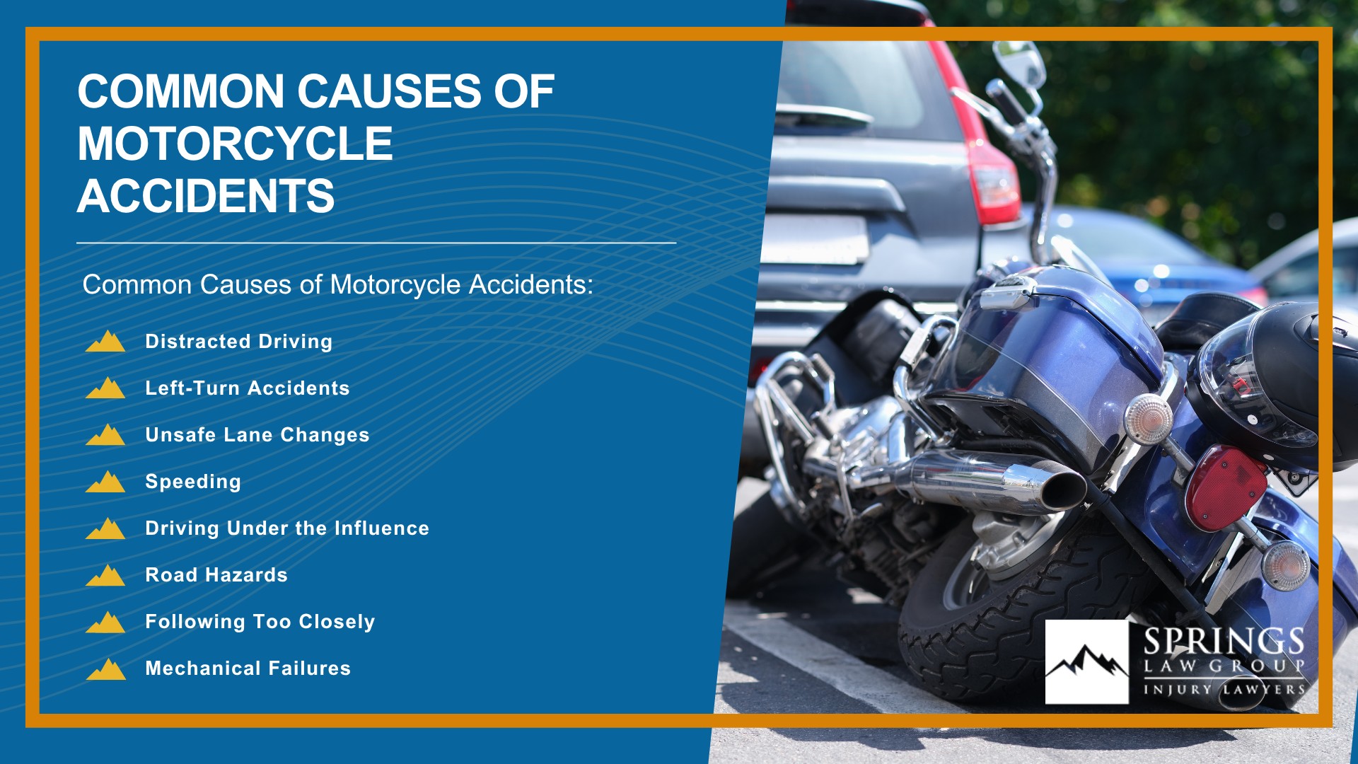 Meet Our Experienced Motorcycle Accident Lawyers at Springs Law Group; Christopher Nicolaysen_ Colorado Springs Motorcycle Accident Lawyer; How Much Does it Cost to Hire a Motorcycle Accident Lawyer from Springs Law Group; What to Do After a Motorcycle Accident in Colorado Springs, Colorado; Gathering Evidence for a Motorcycle Accident Case; Damages in Motorcycle Crash Case; The Legal Process for Motorcycle Accident Cases in Colorado; Will I Need to Go to Court for My Motorcycle Accident Claim; Relevant Colorado Motorcycle Laws; Common Causes of Motorcycle Accidents