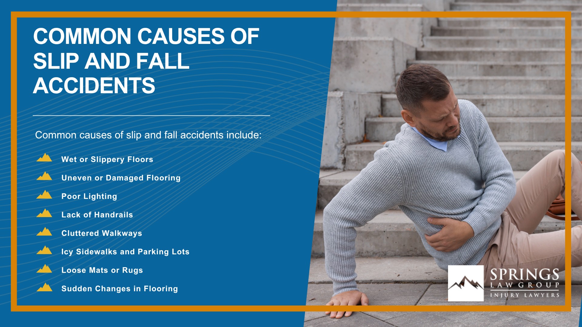 Meet Our Experienced Slip and Fall Attorneys; Christopher Nicolaysen_ Colorado Springs Slip and Fall Lawyer; How Much Does it Cost to Hire a Slip and Fall Lawyer from Springs Law Group; What To Do After a Slip and Fall Accident in Colorado Springs, Colorado; Gather Evidence for a Slip and Fall Claim; Damages in a Slip and Fall Case; When Can You File a Slip and Fall Claim in Colorado; Who Can You Sue in a Slip and Fall Lawsuit; Steps of the Legal Process for Slip and Fall Cases Explained; Common Causes of Slip and Fall Accidents