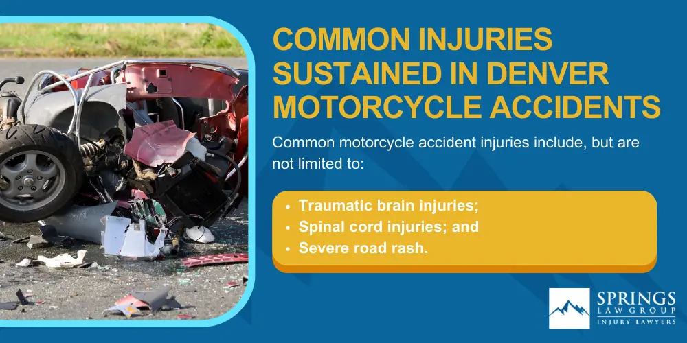denver-motorcycle-accident-lawyer-img; Hiring A Motorcycle Accident Lawyer In Denver, Colorado (CO); Types Of Motorcycle Accidents In Denver, Colorado (CO); Motorcycle Insurance Laws In Denver, Colorado (CO); Navigating The Claims Process After A Motorcycle Accident In Denver, Colorado (CO); Common Injuries Sustained In Denver Motorcycle Accidents