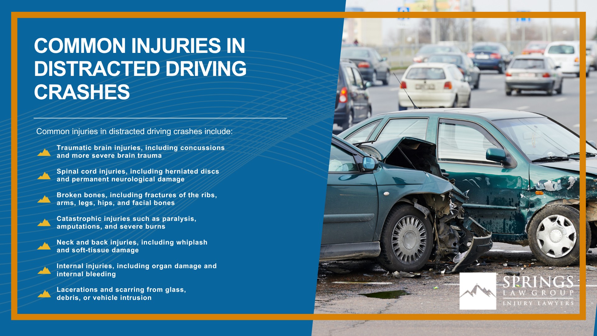 How Distracted Driving Causes Serious Crashes; Colorado Laws on Distracted Driving; Comparative Fault in Distracted Driving Crashes; Common Injuries in Distracted Driving Crashes