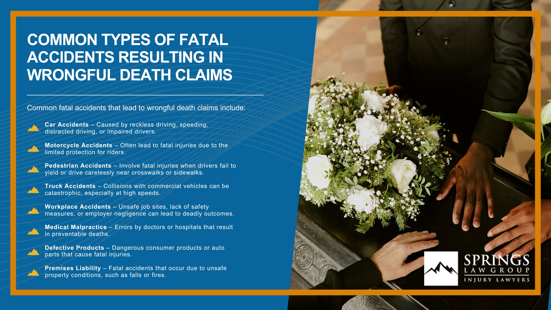 Meet Our Experienced Wrongful Death Lawyers; Meet Our Experienced Wrongful Death Lawyers (2); How Much Does it Cost to Hire a Wrongful Death Lawyer from Springs Law Group; The Legal Process for a Wrongful Death Lawsuit in Colorado; Who is Eligible to File Wrongful Death Claims in Colorado; Common Types of Fatal Accidents Resulting in Wrongful Death Claims