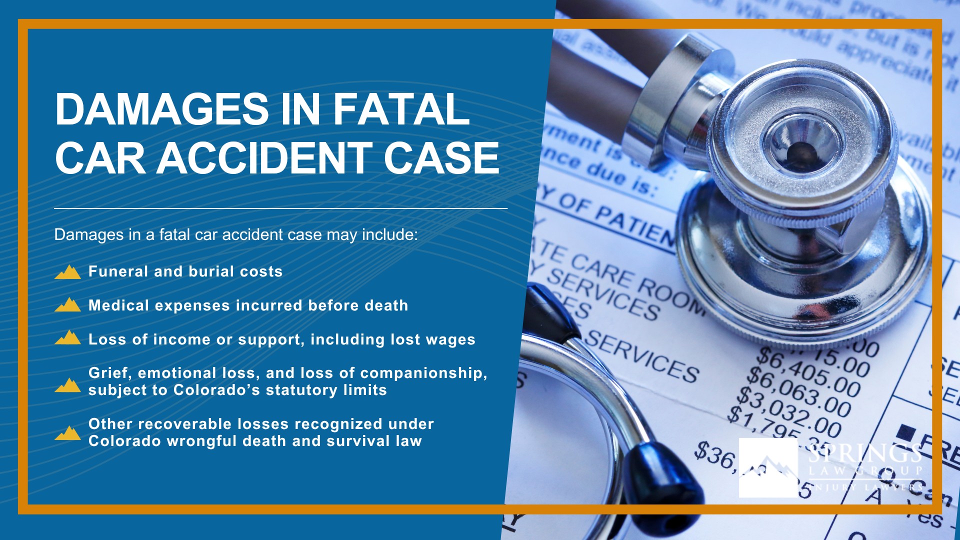 Fatal Car Accidents in Colorado Springs; What To Do After a Fatal Car Accident in Colorado Springs, Colorado; The Legal Process of Fatal Car Accidents in Colorado Springs; When Can You File a Fatal Car Accident Claim in Colorado; How Fatal Car Accidents Occur in Colorado Springs; Types of Injuries That Can Lead to Fatal Outcomes; Who Can Bring a Claim After a Deadly Car Wreck?; Do You Qualify for a Personal Injury Lawsuit; Damages in Fatal Car Accident Cases