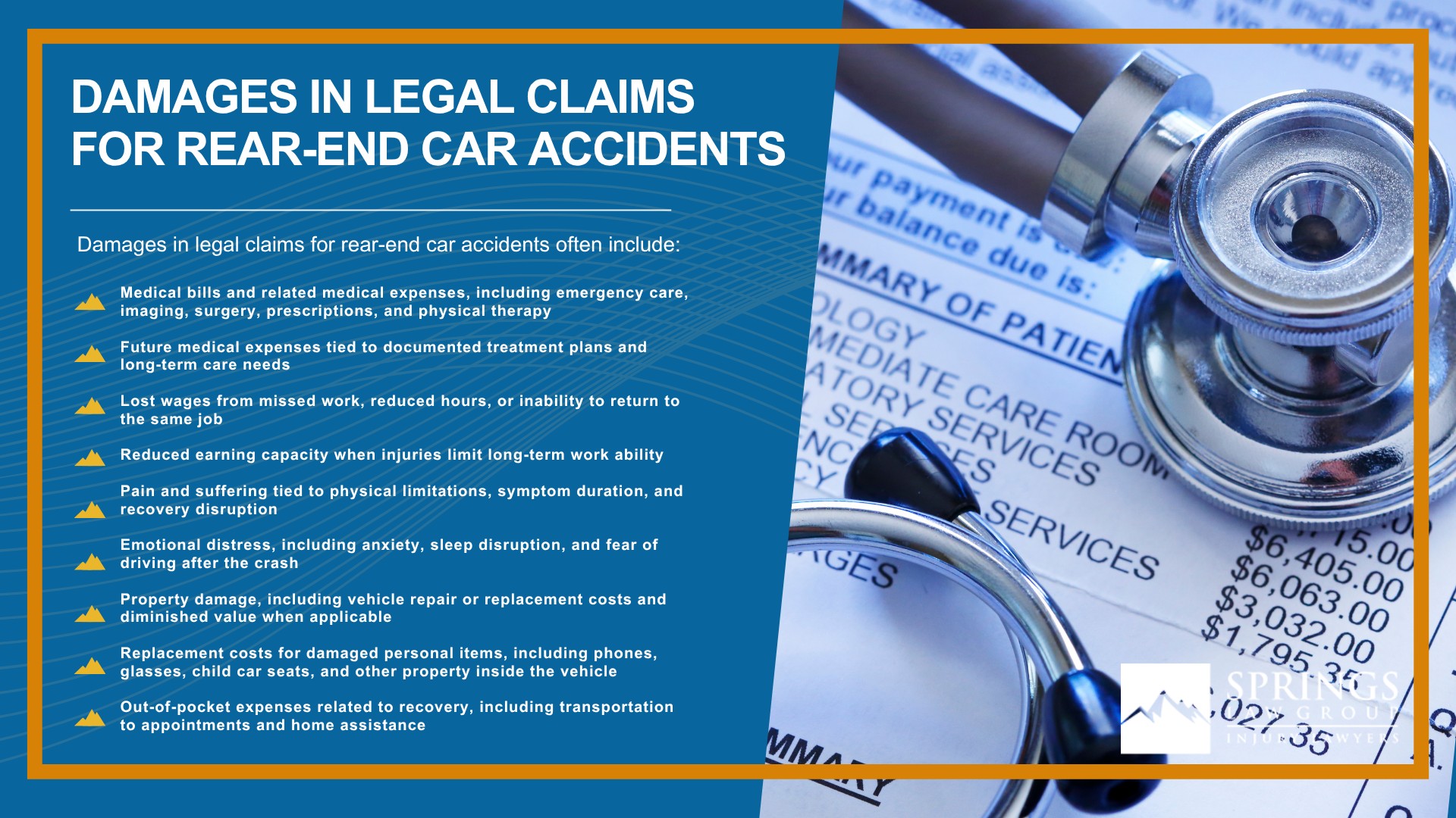 Rear-End Collisions in Colorado Springs; 	
What to Do After a Rear-End Collision; Why Rear-End Accidents Are Often Disputed; Common Injuries in Rear-End Car Accidents; Who Is at Fault in a Rear-End Collision; Colorado Comparative Negligence and Rear-End Crashes; Do You Qualify for a Rear-End Car Accident Claim; Evidence in Rear-End Collision Claims; Damages in Legal Claims for Rear-End Car Accidents
