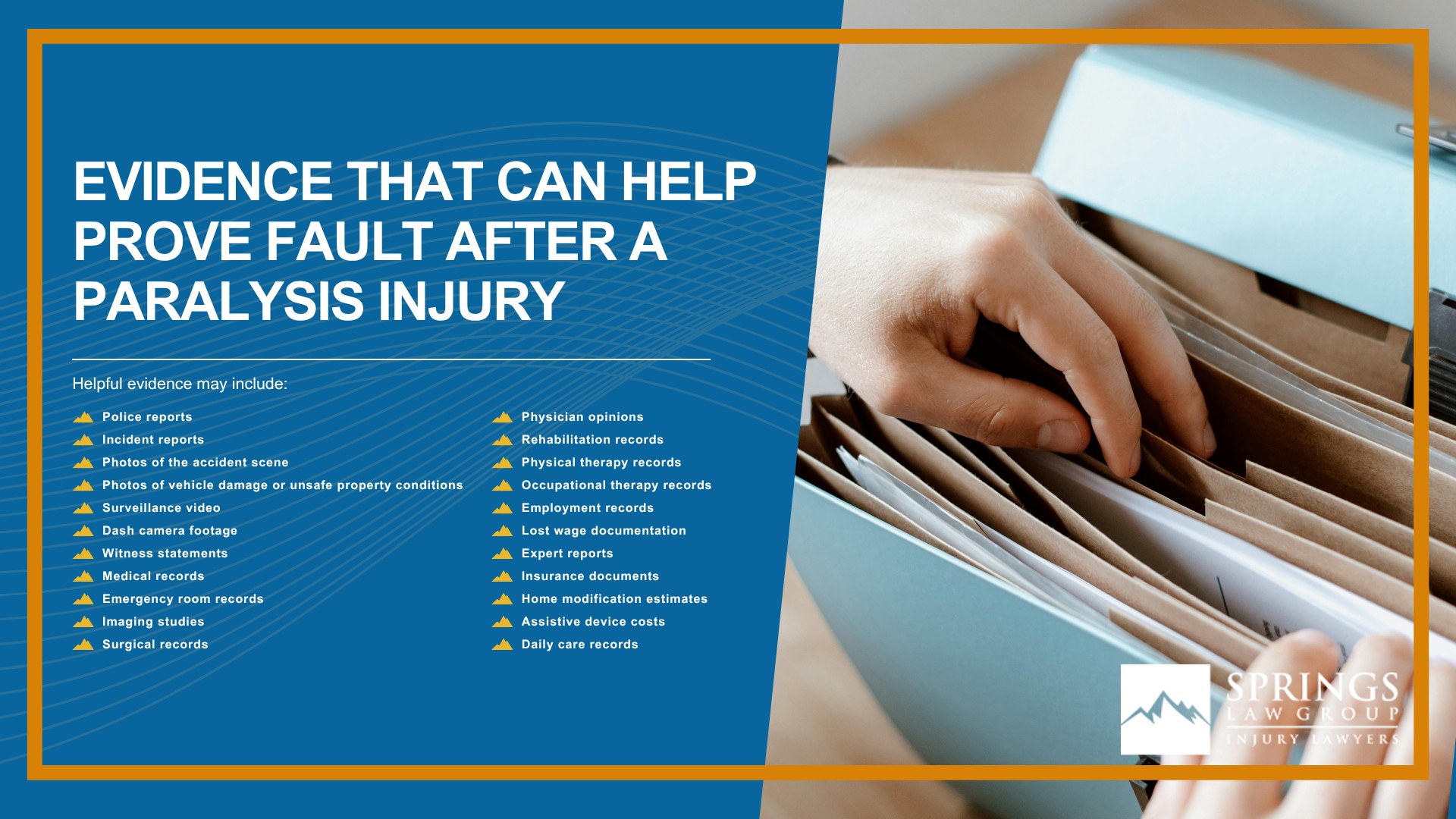 How Paralysis Injury Claims Are Different From Other Personal Injury Cases; Common Causes of Paralysis Injuries in Colorado Springs; Types of Paralysis Injuries; Complete vs. Incomplete Paralysis; Spinal Cord Injuries and Paralysis Claims; Common Symptoms and Complications After a Paralysis Injury; Who Can Be Held Liable for a Paralysis Injury; How Springs Law Group Investigates Rental Car Accident Claims; Evidence That Can Help Prove Fault After a Paralysis Injury; Evidence That Can Help Prove Fault After a Paralysis Injury