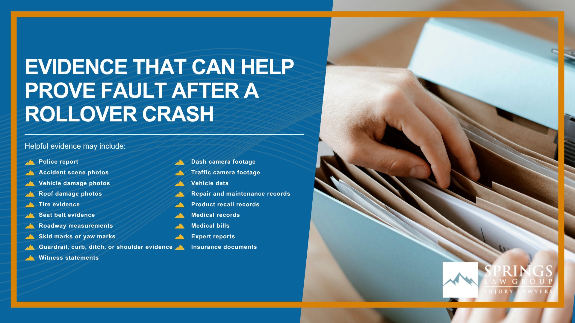 What Is a Rollover Car Accident; Why Rollover Accidents Are Often So Serious; Common Causes of Rollover Car Accidents in Colorado Springs; Single-Vehicle vs. Multi-Vehicle Rollover Accidents; Common Injuries Caused by Rollover Car Accidents; Who Can Be Held Liable for a Rollover Car Accident; How Springs Law Group Investigates Rollover Accident Claims; Evidence That Can Help Prove Fault After a Rollover Crash