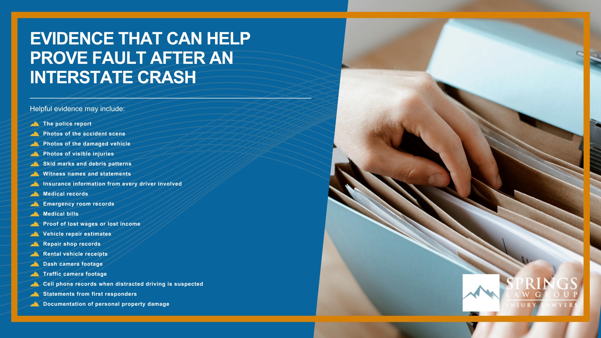 What Makes Interstate Accidents Different From Other Car Accidents; Common Causes of Interstate Accidents in Colorado Springs; Interstate Accidents on I-25, Highway 24, and Other Major Colorado Roadways; Who Can Be Held Liable for an Interstate Accident; How Springs Law Group Investigates Interstate Accident Claims; Evidence That Can Help Prove Fault After an Interstate Crash