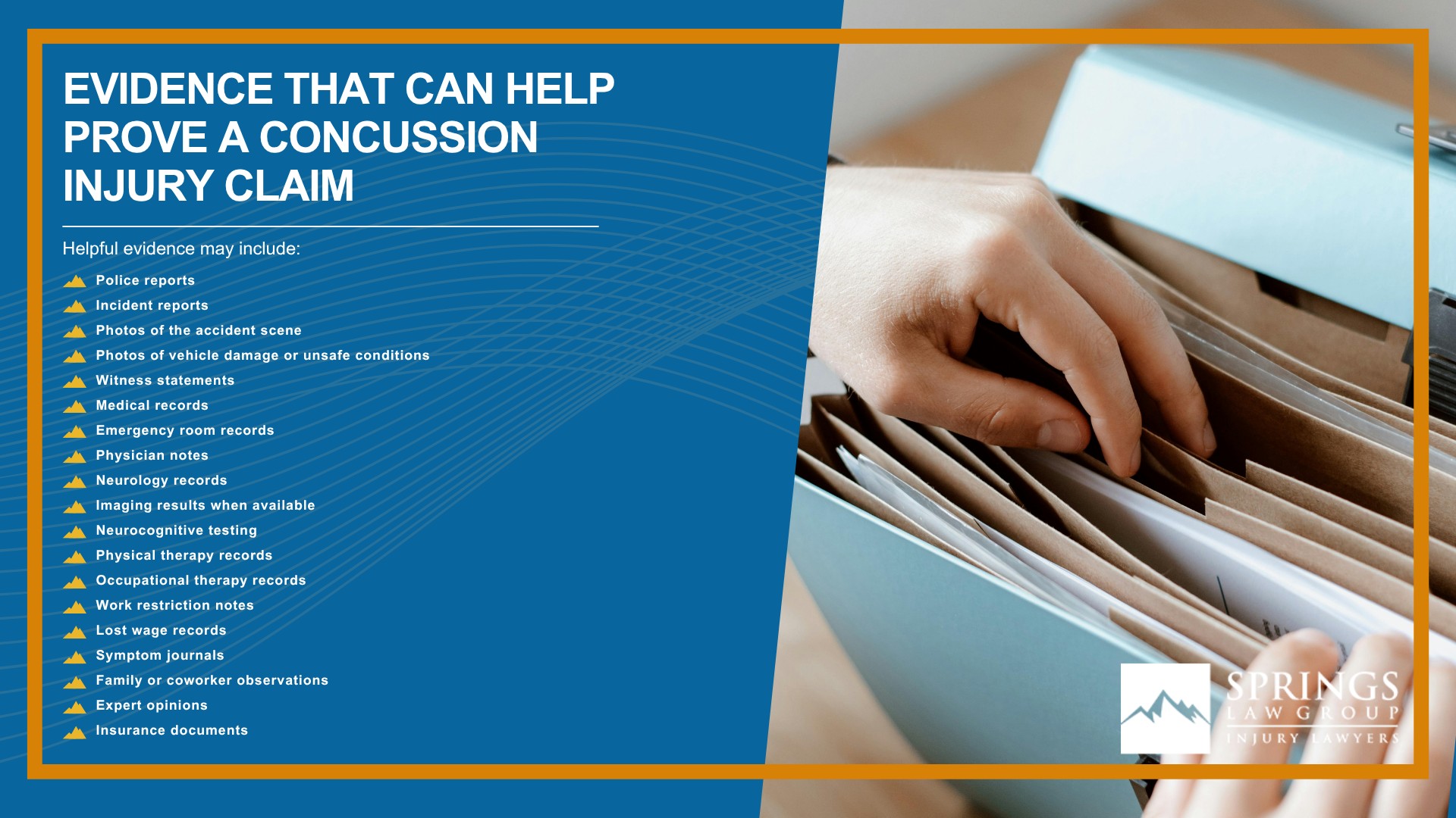 What Is a Concussion; How Concussion Injury Claims Are Different From Other Personal Injury Cases; Common Causes of Concussions in Colorado Springs; Common Symptoms of a Concussion After an Accident; Why Concussion Symptoms Can Appear Days After an Injury; Mild Traumatic Brain Injuries and Concussion Claims; Post-Concussion Syndrome After an Accident; Who Can Be Held Liable for a Concussion Injury; How Springs Law Group Investigates Concussion Injury Claims; Evidence That Can Help Prove a Concussion Injury Claim