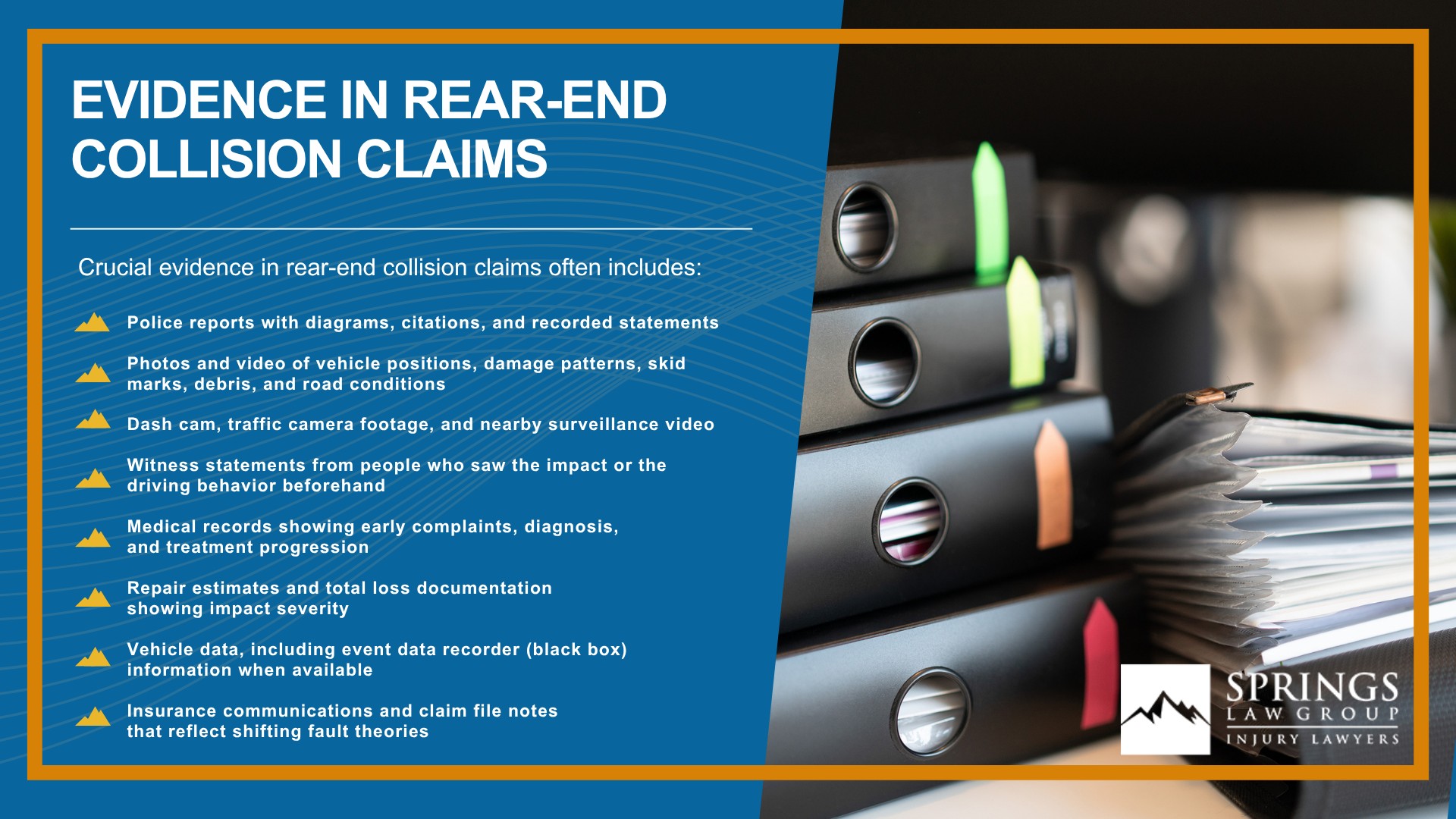 Rear-End Collisions in Colorado Springs; 	
What to Do After a Rear-End Collision; Why Rear-End Accidents Are Often Disputed; Common Injuries in Rear-End Car Accidents; Who Is at Fault in a Rear-End Collision; Colorado Comparative Negligence and Rear-End Crashes; Do You Qualify for a Rear-End Car Accident Claim; Evidence in Rear-End Collision Claims