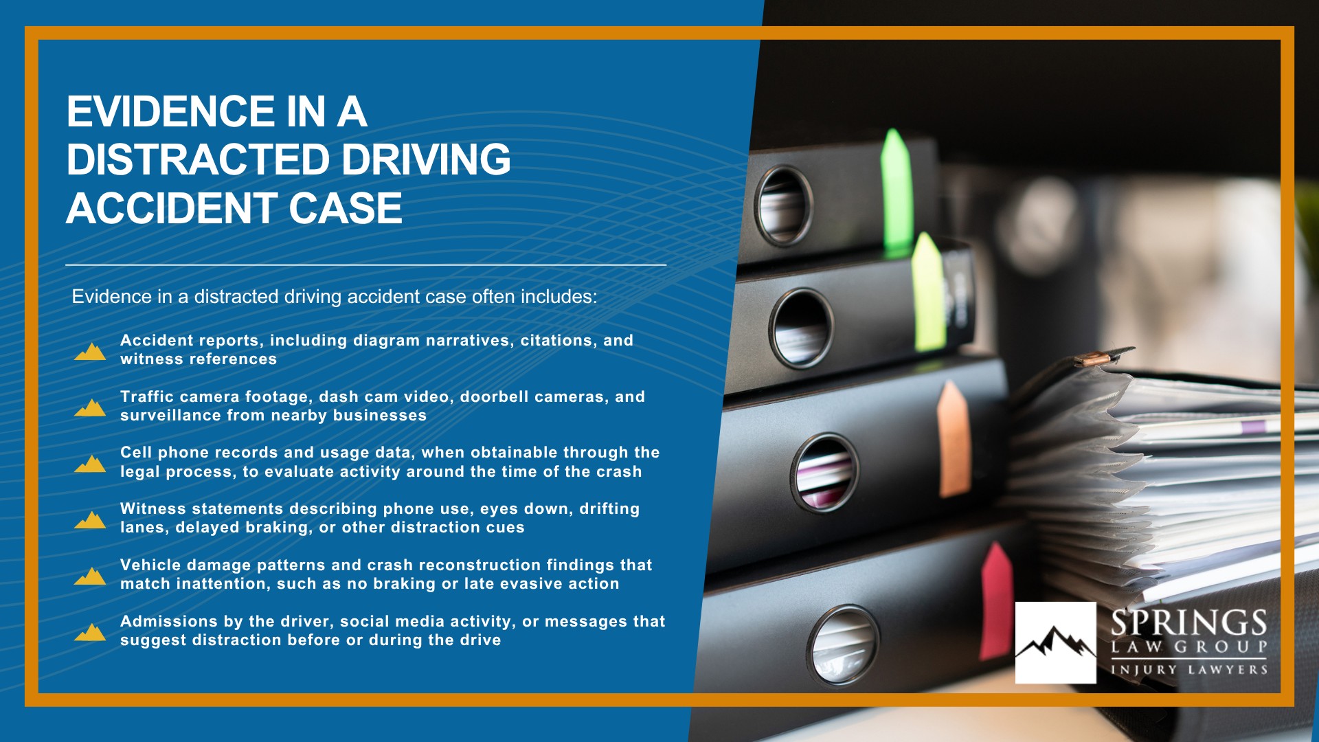 How Distracted Driving Causes Serious Crashes; Colorado Laws on Distracted Driving; Comparative Fault in Distracted Driving Crashes; Common Injuries in Distracted Driving Crashes; How a Distracted Driving Claim Works (Step by Step); Evidence in a Distracted Driving Accident Case