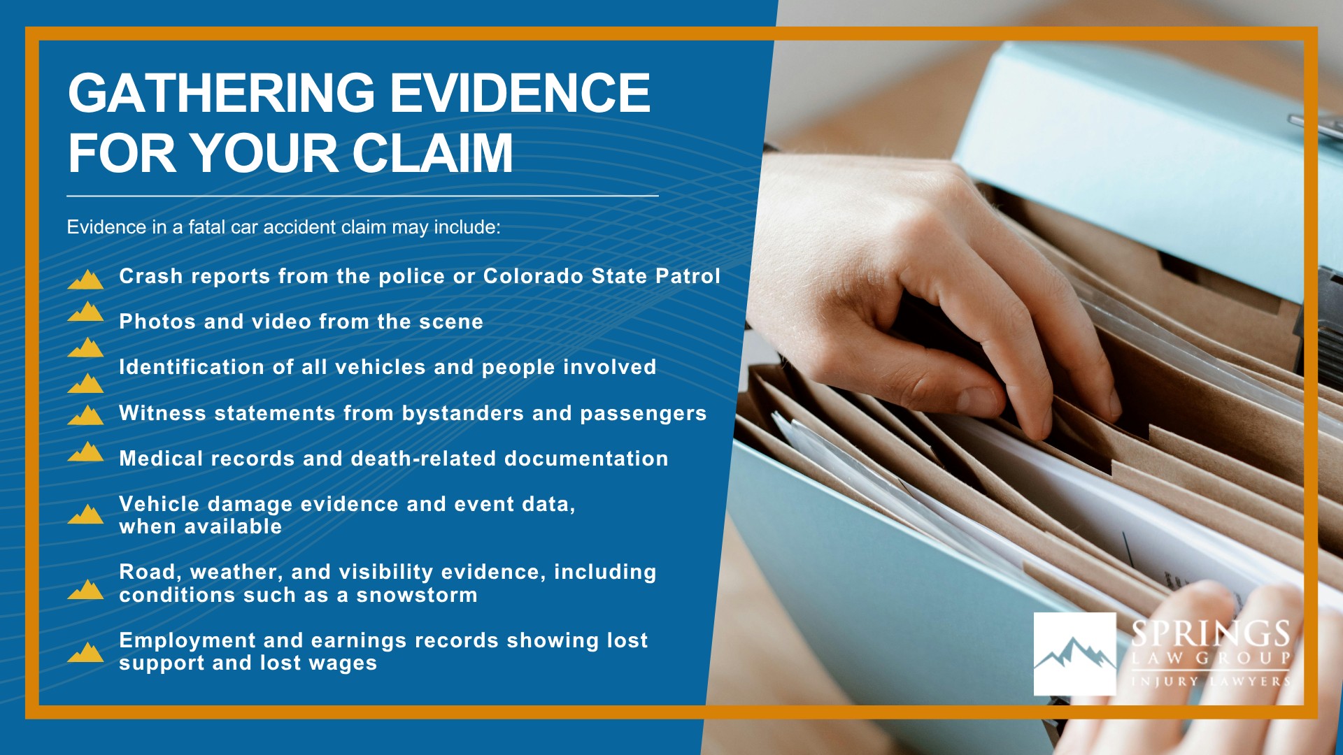 Fatal Car Accidents in Colorado Springs; What To Do After a Fatal Car Accident in Colorado Springs, Colorado; The Legal Process of Fatal Car Accidents in Colorado Springs; When Can You File a Fatal Car Accident Claim in Colorado; How Fatal Car Accidents Occur in Colorado Springs; Types of Injuries That Can Lead to Fatal Outcomes; Who Can Bring a Claim After a Deadly Car Wreck?; Do You Qualify for a Personal Injury Lawsuit; Damages in Fatal Car Accident Cases; Gathering Evidence For Your Claim