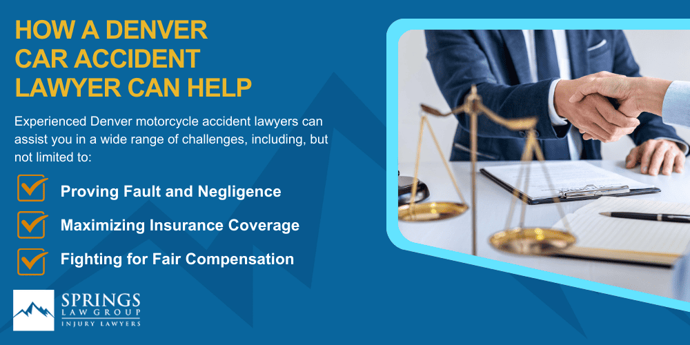 denver-motorcycle-accident-lawyer-img; Hiring A Motorcycle Accident Lawyer In Denver, Colorado (CO); Types Of Motorcycle Accidents In Denver, Colorado (CO); Motorcycle Insurance Laws In Denver, Colorado (CO); Navigating The Claims Process After A Motorcycle Accident In Denver, Colorado (CO); Common Injuries Sustained In Denver Motorcycle Accidents; How A Denver Motorcycle Accident Lawyer Can Help