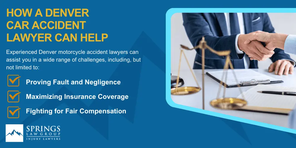 denver-motorcycle-accident-lawyer-img; Hiring A Motorcycle Accident Lawyer In Denver, Colorado (CO); Types Of Motorcycle Accidents In Denver, Colorado (CO); Motorcycle Insurance Laws In Denver, Colorado (CO); Navigating The Claims Process After A Motorcycle Accident In Denver, Colorado (CO); Common Injuries Sustained In Denver Motorcycle Accidents; How A Denver Motorcycle Accident Lawyer Can Help