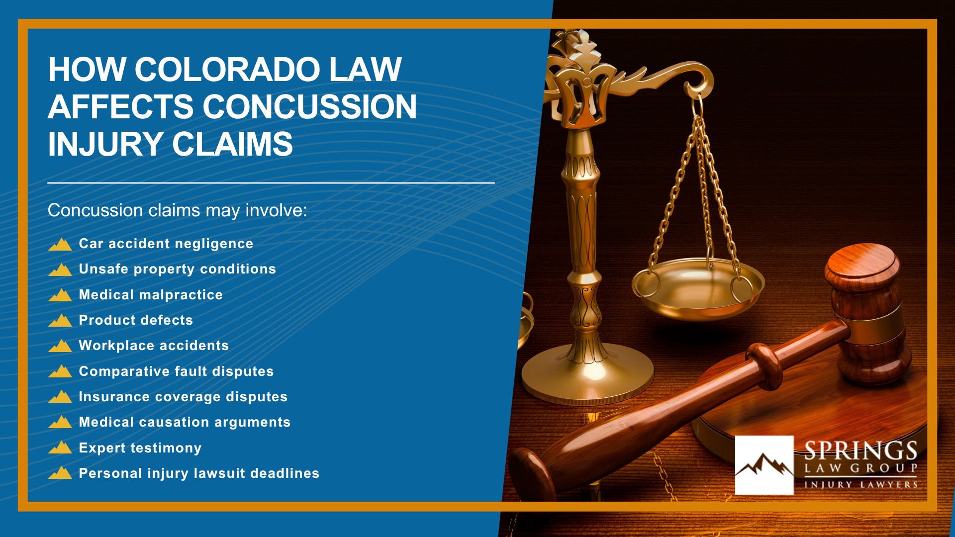 What Is a Concussion; How Concussion Injury Claims Are Different From Other Personal Injury Cases; Common Causes of Concussions in Colorado Springs; Common Symptoms of a Concussion After an Accident; Why Concussion Symptoms Can Appear Days After an Injury; Mild Traumatic Brain Injuries and Concussion Claims; Post-Concussion Syndrome After an Accident; Who Can Be Held Liable for a Concussion Injury; How Springs Law Group Investigates Concussion Injury Claims; Evidence That Can Help Prove a Concussion Injury Claim; Medical Treatment and Recovery After a Concussion; What Compensation Can You Recover After a Concussion; What to Do After a Concussion in Colorado Springs; What Is a Concussion; How Concussion Injury Claims Are Different From Other Personal Injury Cases; Common Causes of Concussions in Colorado Springs; Common Symptoms of a Concussion After an Accident; Why Concussion Symptoms Can Appear Days After an Injury; Mild Traumatic Brain Injuries and Concussion Claims; Post-Concussion Syndrome After an Accident; Who Can Be Held Liable for a Concussion Injury; How Springs Law Group Investigates Concussion Injury Claims; Evidence That Can Help Prove a Concussion Injury Claim; Medical Treatment and Recovery After a Concussion; What Compensation Can You Recover After a Concussion; What to Do After a Concussion in Colorado Springs
