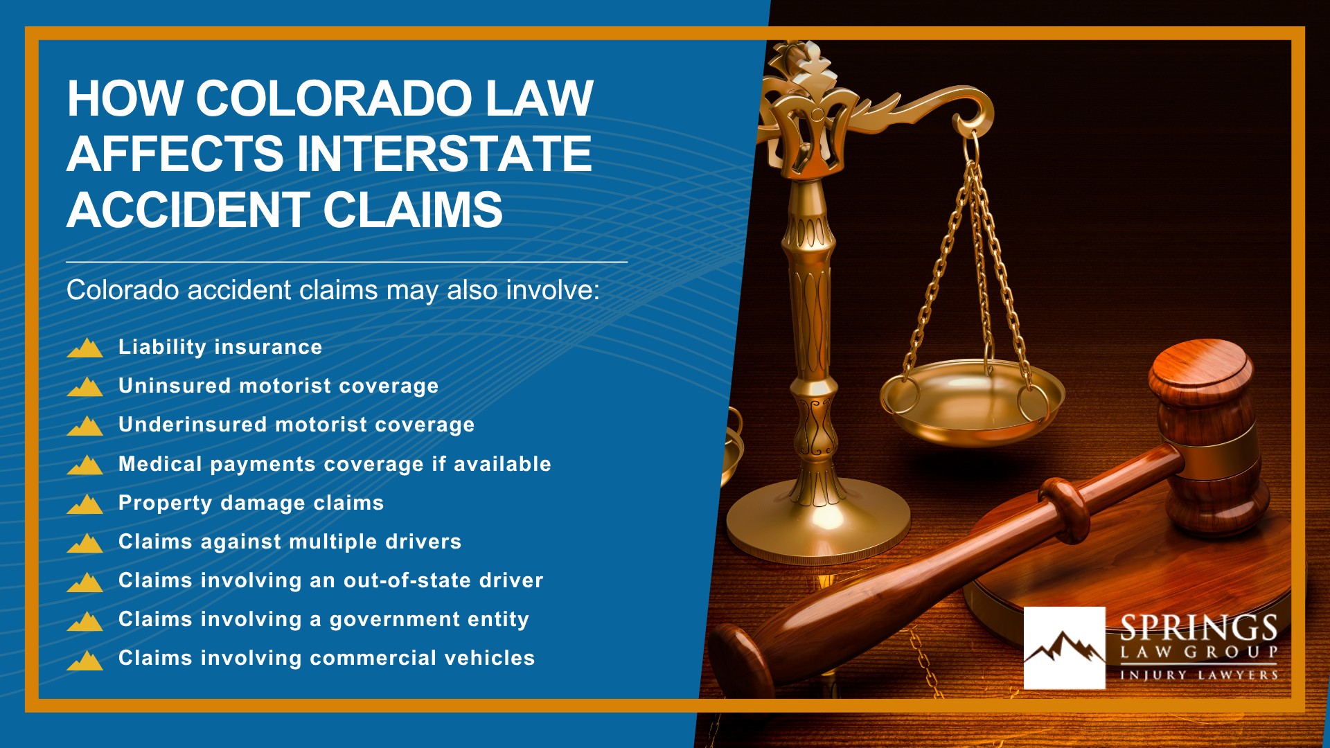What Makes Interstate Accidents Different From Other Car Accidents; Common Causes of Interstate Accidents in Colorado Springs; Interstate Accidents on I-25, Highway 24, and Other Major Colorado Roadways; Who Can Be Held Liable for an Interstate Accident; How Springs Law Group Investigates Interstate Accident Claims; Evidence That Can Help Prove Fault After an Interstate Crash; Common Injuries Caused by Interstate Accidents; What Compensation Can You Recover After an Interstate Accident; How Insurance Companies Handle Interstate Accident Claims; What to Do After an Interstate Accident in Colorado Springs; How Colorado Law Affects Interstate Accident Claims