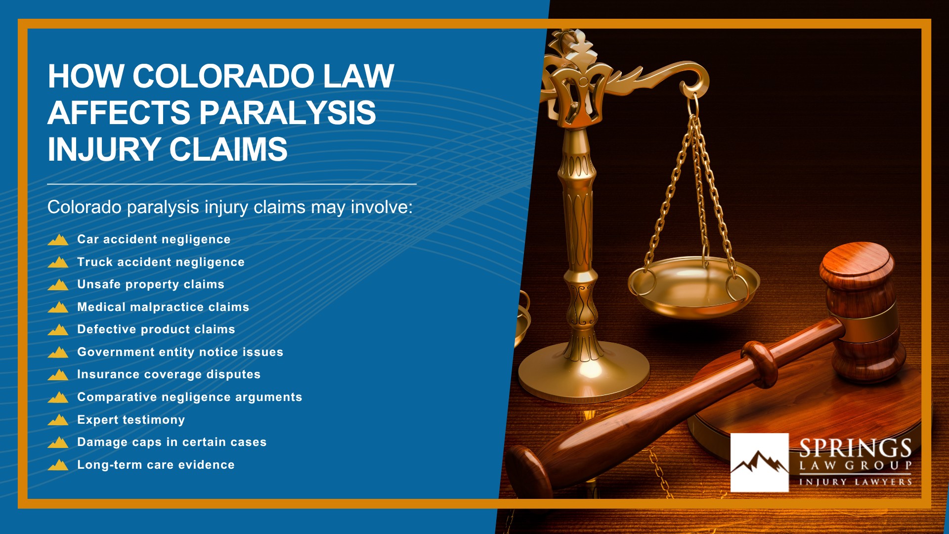 How Paralysis Injury Claims Are Different From Other Personal Injury Cases; Common Causes of Paralysis Injuries in Colorado Springs; Types of Paralysis Injuries; Complete vs. Incomplete Paralysis; Spinal Cord Injuries and Paralysis Claims; Common Symptoms and Complications After a Paralysis Injury; Who Can Be Held Liable for a Paralysis Injury; How Springs Law Group Investigates Rental Car Accident Claims; Evidence That Can Help Prove Fault After a Paralysis Injury; Medical Treatment and Long-Term Care After Paralysis; Life-Care Plans in Paralysis Injury Cases; What Compensation Can You Recover After a Paralysis Injury; Future Medical Costs in Paralysis Injury Cases; Lost Income and Reduced Earning Capacity After Paralysis; How Insurance Companies Handle Paralysis Injury Claims; What to Do After a Paralysis Injury in Colorado Springs; How Colorado Law Affects Paralysis Injury Claims
