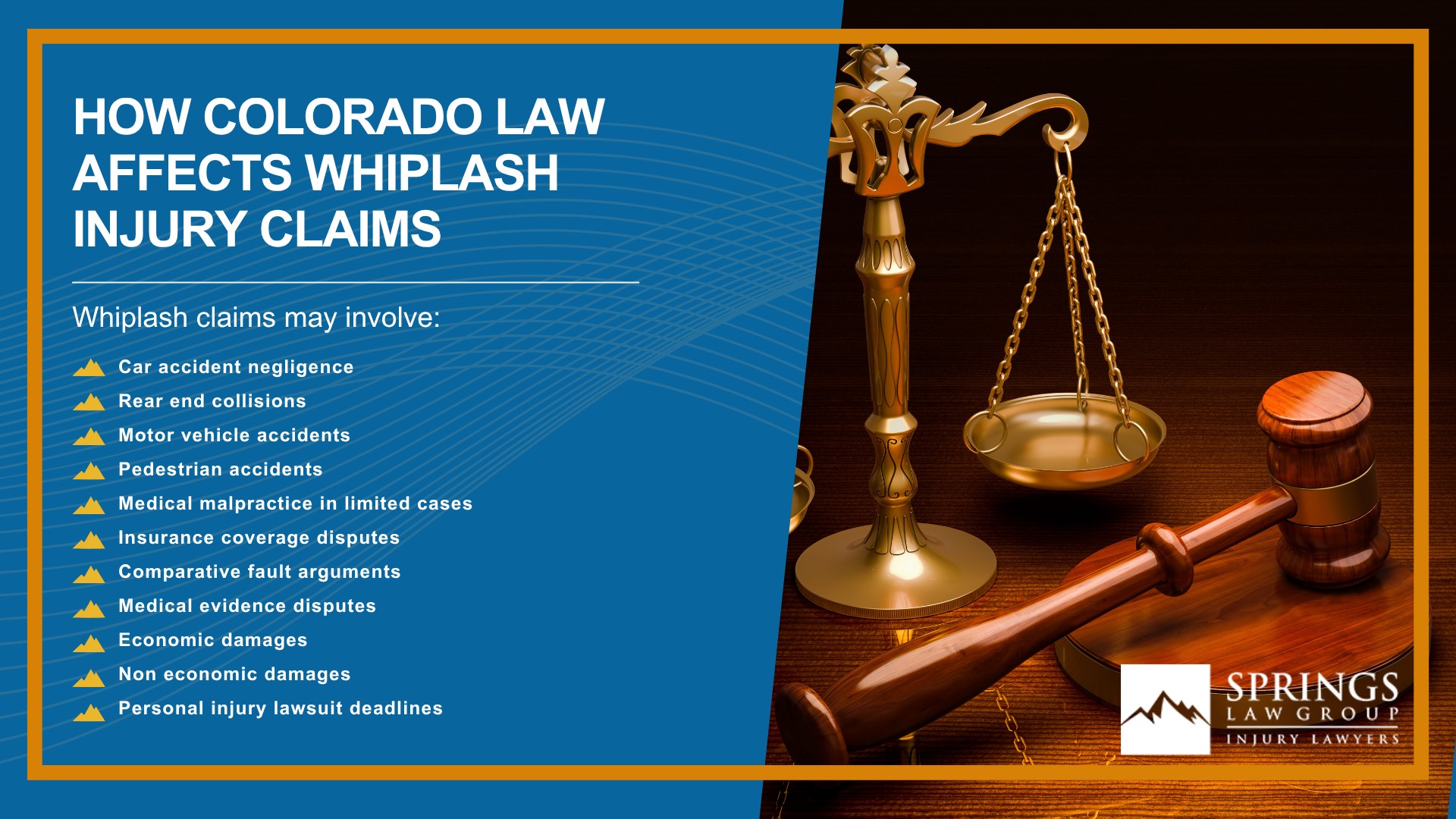 What Is Whiplash; How Whiplash Injury Claims Are Different From Other Personal Injury Cases; Common Causes of Whiplash Injuries in Colorado Springs; Rear-End Accidents and Whiplash Claims; Common Symptoms of Whiplash After an Accident; Why Whiplash Symptoms Can Appear Days After a Crash; Who Can Be Held Liable for a Whiplash Injury; What Is Whiplash; How Whiplash Injury Claims Are Different From Other Personal Injury Cases; Common Causes of Whiplash Injuries in Colorado Springs; Rear-End Accidents and Whiplash Claims; Common Symptoms of Whiplash After an Accident; Why Whiplash Symptoms Can Appear Days After a Crash; Who Can Be Held Liable for a Whiplash Injury; How Springs Law Group Investigates Whiplash Injury Claims; Evidence That Can Help Prove a Whiplash Injury Claim; Medical Treatment and Physical Therapy After Whiplash; What Compensation Can You Recover After a Whiplash Injury; What to Do After a Whiplash Injury in Colorado Springs; How Colorado Law Affects Whiplash Injury Claims