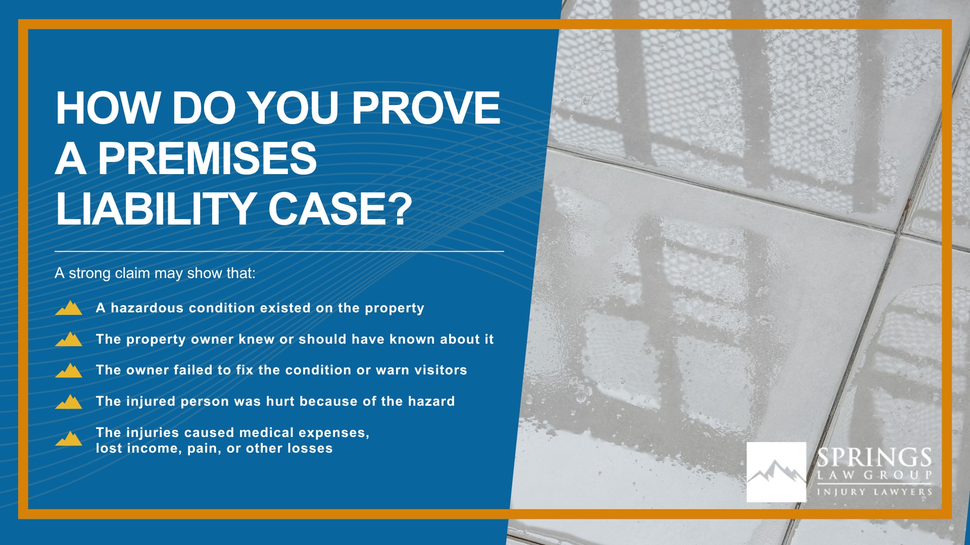 What is Premises Liability in Colorado; Property Owners Have a Duty to Keep Visitors Reasonably Safe; The Colorado Premises Liability Act; Common Premises Liability Accidents; Slip and Fall Accidents; Common Injuries in Premises Liability Cases; How Do You Prove a Premises Liability Case