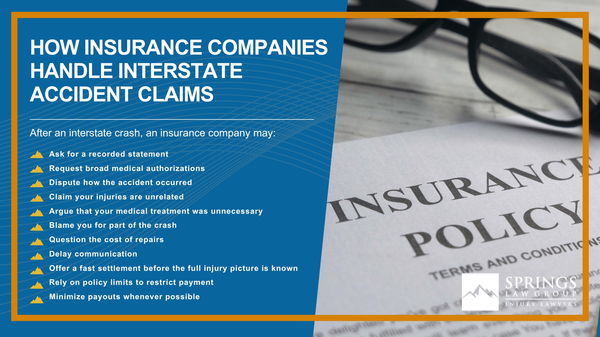 What Makes Interstate Accidents Different From Other Car Accidents; Common Causes of Interstate Accidents in Colorado Springs; Interstate Accidents on I-25, Highway 24, and Other Major Colorado Roadways; Who Can Be Held Liable for an Interstate Accident; How Springs Law Group Investigates Interstate Accident Claims; Evidence That Can Help Prove Fault After an Interstate Crash; Common Injuries Caused by Interstate Accidents; What Compensation Can You Recover After an Interstate Accident; How Insurance Companies Handle Interstate Accident Claims 