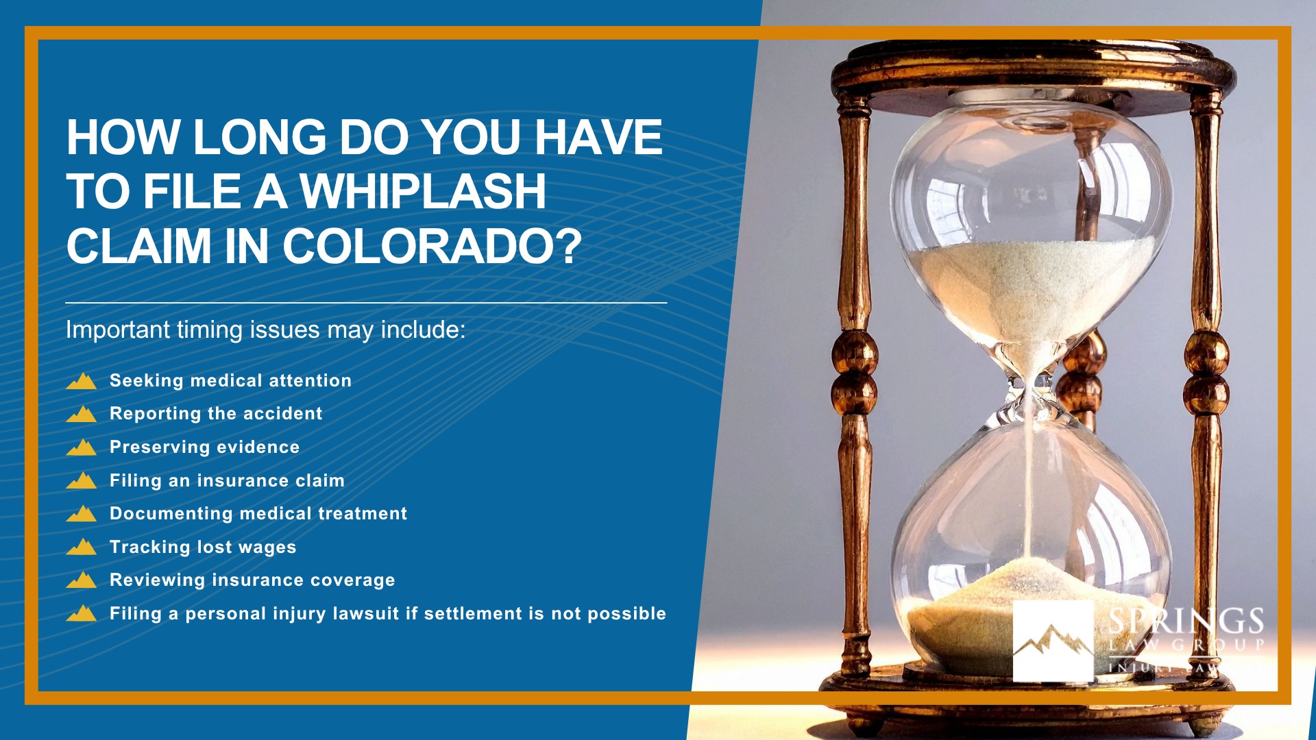What Is Whiplash; How Whiplash Injury Claims Are Different From Other Personal Injury Cases; Common Causes of Whiplash Injuries in Colorado Springs; Rear-End Accidents and Whiplash Claims; Common Symptoms of Whiplash After an Accident; Why Whiplash Symptoms Can Appear Days After a Crash; Who Can Be Held Liable for a Whiplash Injury; What Is Whiplash; How Whiplash Injury Claims Are Different From Other Personal Injury Cases; Common Causes of Whiplash Injuries in Colorado Springs; Rear-End Accidents and Whiplash Claims; Common Symptoms of Whiplash After an Accident; Why Whiplash Symptoms Can Appear Days After a Crash; Who Can Be Held Liable for a Whiplash Injury; How Springs Law Group Investigates Whiplash Injury Claims; Evidence That Can Help Prove a Whiplash Injury Claim; Medical Treatment and Physical Therapy After Whiplash; What Compensation Can You Recover After a Whiplash Injury; What to Do After a Whiplash Injury in Colorado Springs; How Colorado Law Affects Whiplash Injury Claims; How Long Do You Have to File a Whiplash Claim in Colorado
