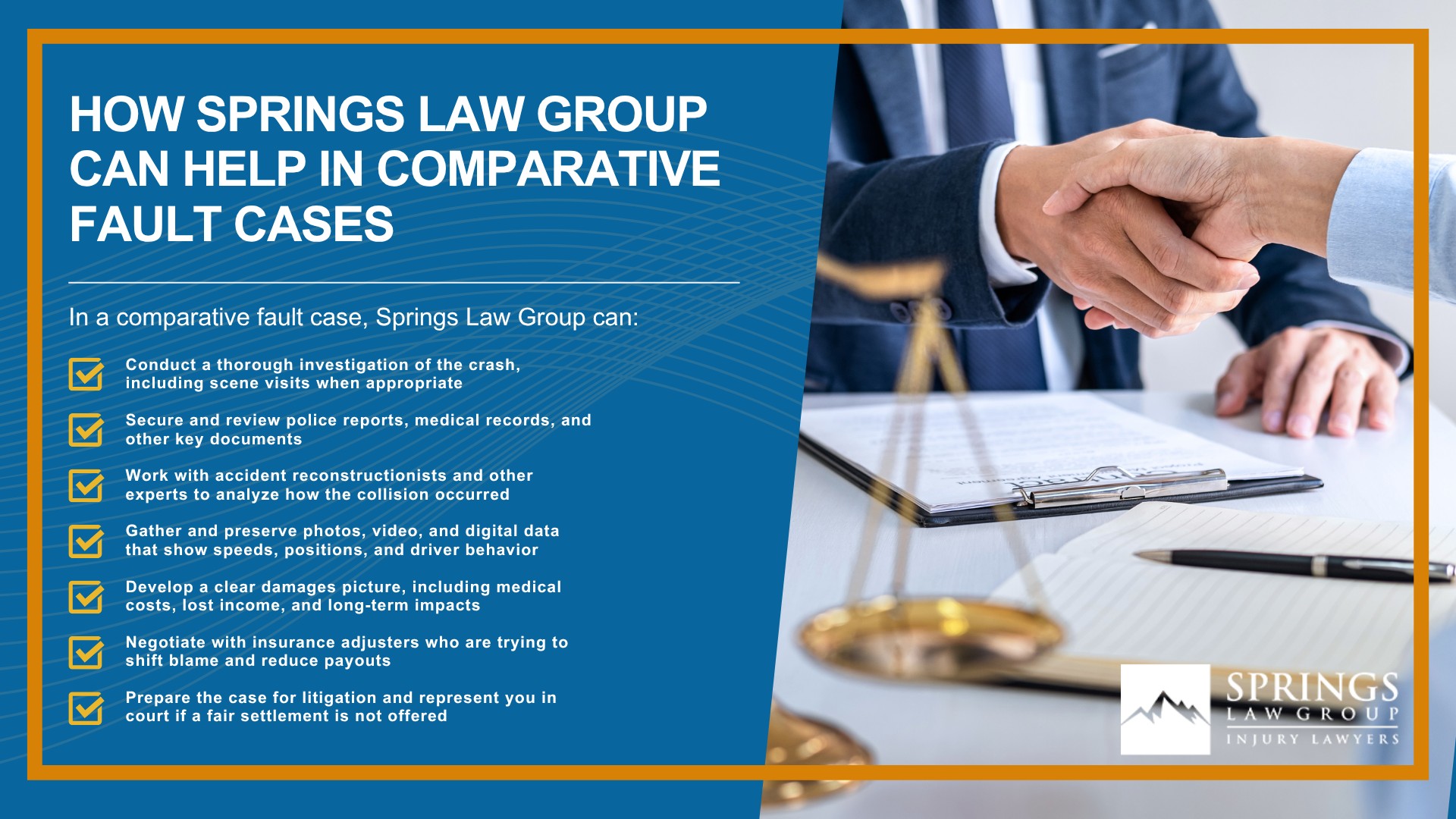 What Comparative Negligence Means in Colorado; How Insurance Companies Use Comparative Fault Against You; What Evidence Changes the Fault Percentage; Situations Where Comparative Negligence Comes Up Most; What You Can Still Recover When You Are Partly at Fault; How Springs Law Group Can Help in Comparative Fault Cases 
