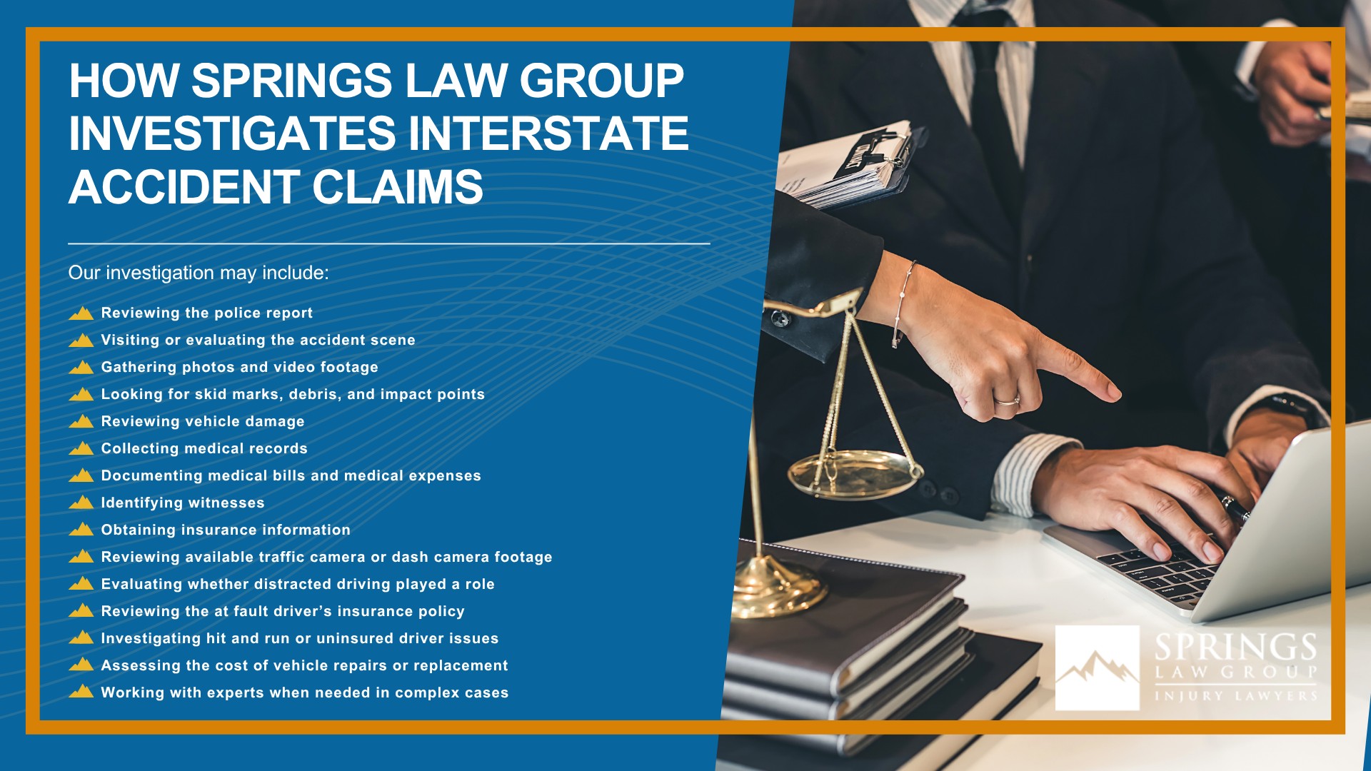 What Makes Interstate Accidents Different From Other Car Accidents; Common Causes of Interstate Accidents in Colorado Springs; Interstate Accidents on I-25, Highway 24, and Other Major Colorado Roadways; Who Can Be Held Liable for an Interstate Accident; How Springs Law Group Investigates Interstate Accident Claims