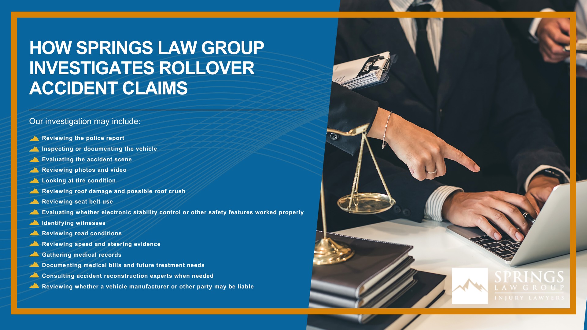 What Is a Rollover Car Accident; Why Rollover Accidents Are Often So Serious; Common Causes of Rollover Car Accidents in Colorado Springs; Single-Vehicle vs. Multi-Vehicle Rollover Accidents; Common Injuries Caused by Rollover Car Accidents; Who Can Be Held Liable for a Rollover Car Accident; How Springs Law Group Investigates Rollover Accident Claims