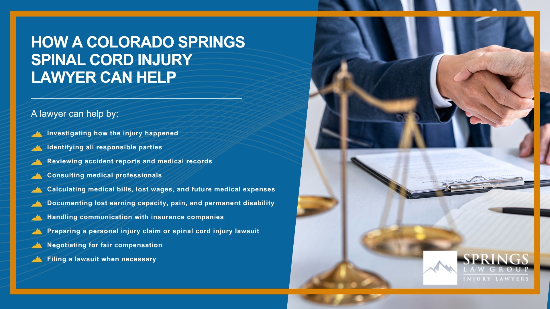 What Is a Spinal Cord Injury Claim; When Someone Else’s Negligence Causes a Spinal Cord Injury; Common Causes of Spinal Cord Injuries; Common Symptoms and Types of Spinal Cord Injuries; Complete and Incomplete Spinal Cord Injuries; Paralysis, Loss of Sensation, and Long-Term Complications; How Do You Prove a Spinal Cord Injury Case; Evidence That Can Help Support Your Claim; Compensation Available in a Spinal Cord Injury Claim; Life-Care Planning and Future Medical Needs After a Spinal Cord Injury; What If You Were Partly at Fault; How a Colorado Springs Spinal Cord Injury Lawyer Can Help