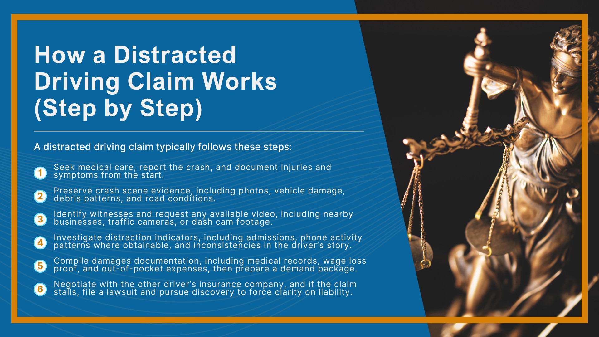 How Distracted Driving Causes Serious Crashes; Colorado Laws on Distracted Driving; Comparative Fault in Distracted Driving Crashes; Common Injuries in Distracted Driving Crashes; How a Distracted Driving Claim Works (Step by Step)