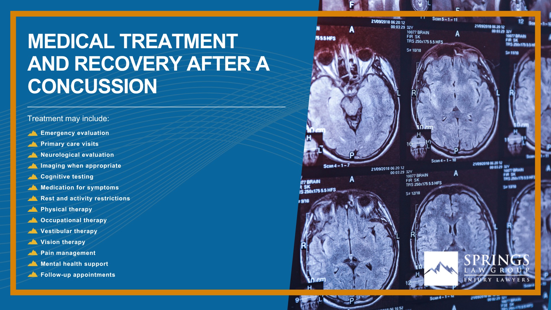 What Is a Concussion; How Concussion Injury Claims Are Different From Other Personal Injury Cases; Common Causes of Concussions in Colorado Springs; Common Symptoms of a Concussion After an Accident; Why Concussion Symptoms Can Appear Days After an Injury; Mild Traumatic Brain Injuries and Concussion Claims; Post-Concussion Syndrome After an Accident; Who Can Be Held Liable for a Concussion Injury; How Springs Law Group Investigates Concussion Injury Claims; Evidence That Can Help Prove a Concussion Injury Claim; Medical Treatment and Recovery After a Concussion