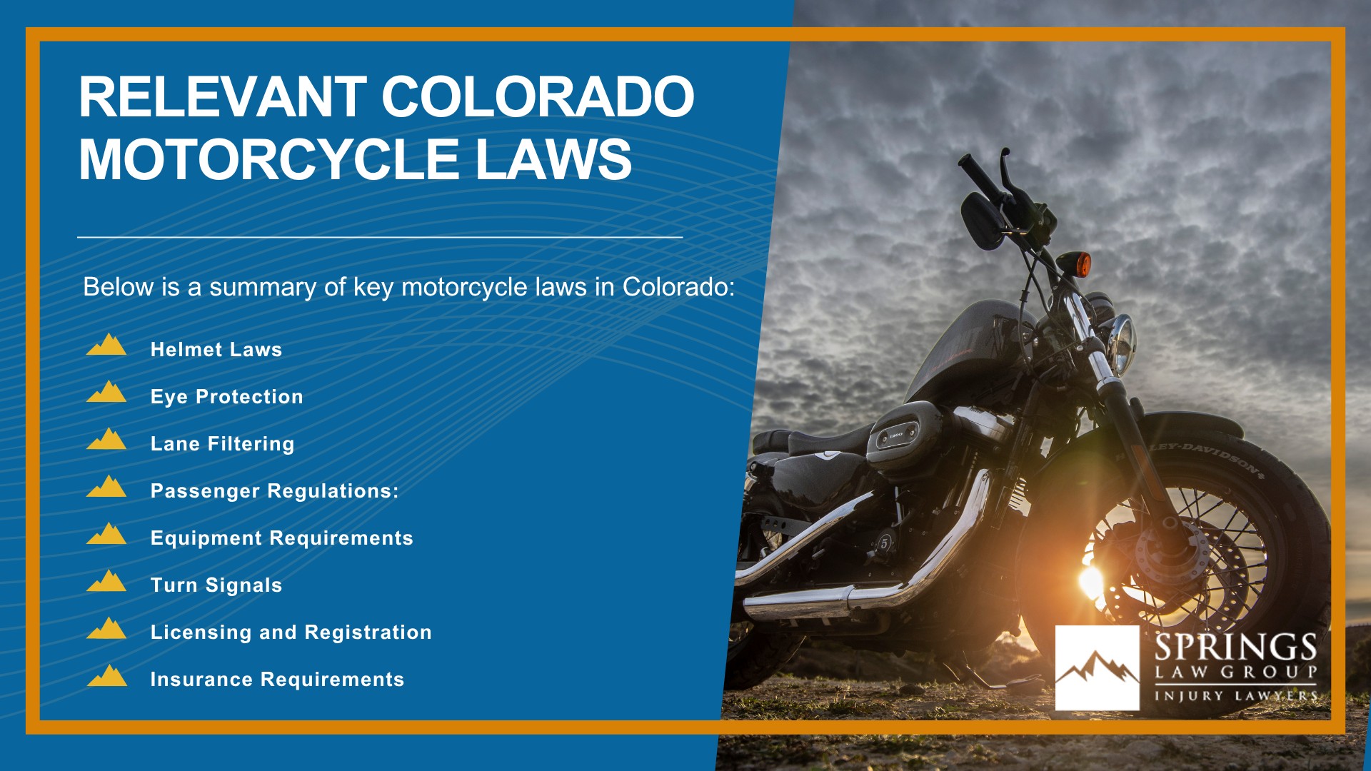 Meet Our Experienced Motorcycle Accident Lawyers at Springs Law Group; Christopher Nicolaysen_ Colorado Springs Motorcycle Accident Lawyer; How Much Does it Cost to Hire a Motorcycle Accident Lawyer from Springs Law Group; What to Do After a Motorcycle Accident in Colorado Springs, Colorado; Gathering Evidence for a Motorcycle Accident Case; Damages in Motorcycle Crash Case; The Legal Process for Motorcycle Accident Cases in Colorado; Will I Need to Go to Court for My Motorcycle Accident Claim; Relevant Colorado Motorcycle Laws