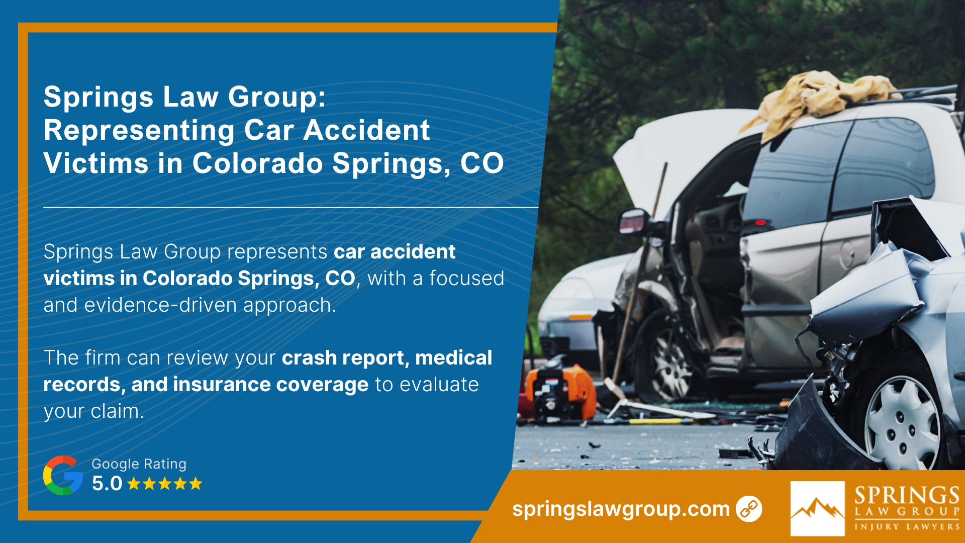 Why Evidence Matters After a Car Accident; What Evidence to Collect at the Crash Scene; Negligence vs. Recklessness; Medical Records and Injury Documentation; Proving Fault Through Physical and Digital Evidence; Insurance Evidence and Claim File Documentation; Evidence for Lost Income and Financial Loss; Colorado Laws That Affect Your Claim; What To Do After a Colorado Springs Car Accident; Springs Law Group_ Colorado Car Accident Lawyers