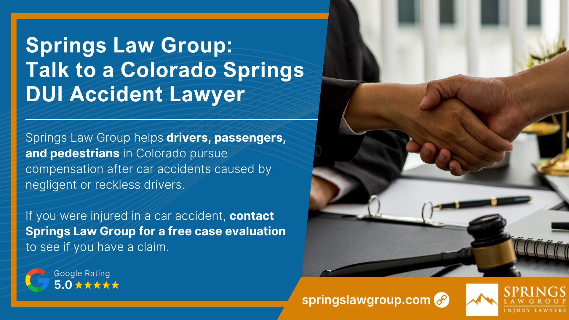 Steps to Take After a DUI Accident in Colorado Springs; DUI Crashes in Colorado Springs_ Statistics and Overview; Criminal DUI Case vs. Civil Injury Claim (2); Common Injuries in Distracted Driving Crashes; Springs Law Group_ Talk to a Colorado Springs DUI Accident Lawyer