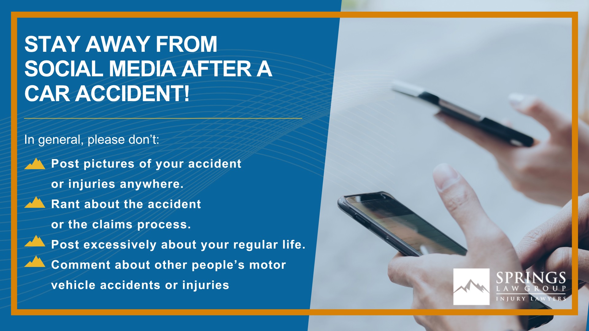 What Types of Car Accident Claims Can Springs Law Group Assist Me With; Meet Our Colorado Springs Car Accident Lawyers; Christopher Nicolaysen_ Colorado Springs Car Accident Lawyer; What to Do After a Car Accident in Colorado Springs, CO; Evidence in Car Accident Claims; Common Damages in a Personal Injury Case; Stay Away From Social Media After a Car Accident!