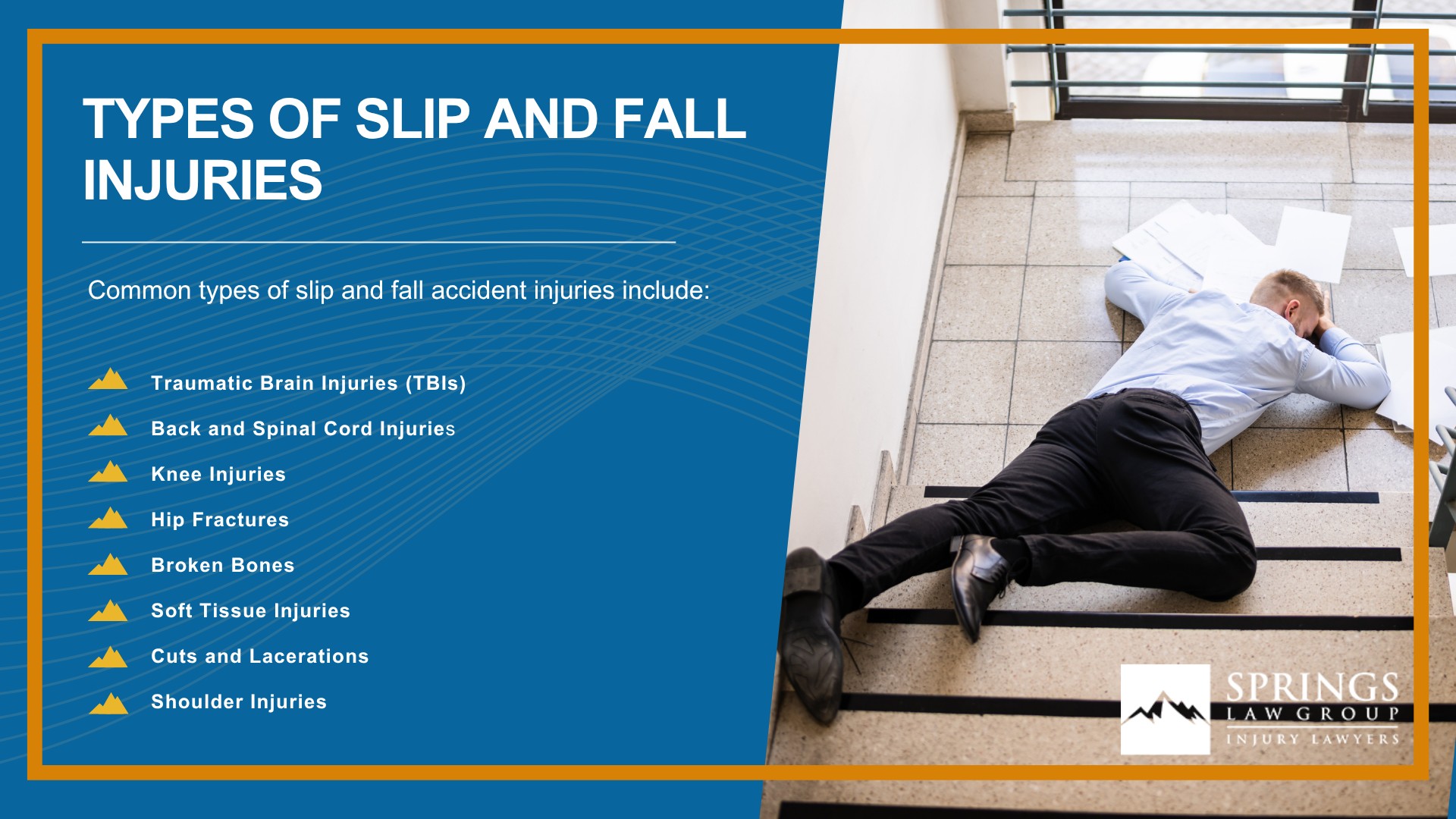 Meet Our Experienced Slip and Fall Attorneys; Christopher Nicolaysen_ Colorado Springs Slip and Fall Lawyer; How Much Does it Cost to Hire a Slip and Fall Lawyer from Springs Law Group; What To Do After a Slip and Fall Accident in Colorado Springs, Colorado; Gather Evidence for a Slip and Fall Claim; Damages in a Slip and Fall Case; When Can You File a Slip and Fall Claim in Colorado; Who Can You Sue in a Slip and Fall Lawsuit; Steps of the Legal Process for Slip and Fall Cases Explained; Common Causes of Slip and Fall Accidents; Types of Slip and Fall Injuries