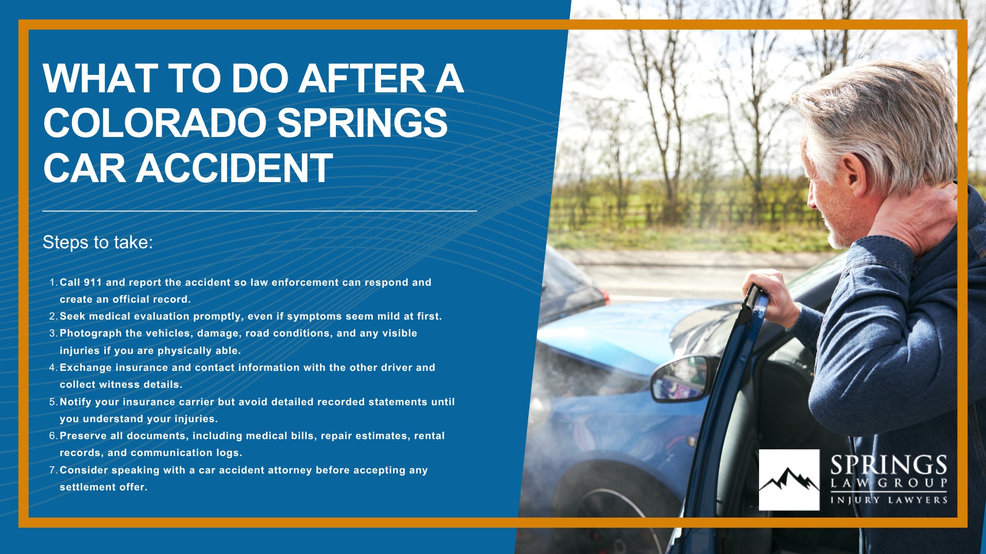 Why Evidence Matters After a Car Accident; What Evidence to Collect at the Crash Scene; Negligence vs. Recklessness; Medical Records and Injury Documentation; Proving Fault Through Physical and Digital Evidence; Insurance Evidence and Claim File Documentation; Evidence for Lost Income and Financial Loss; Colorado Laws That Affect Your Claim; What To Do After a Colorado Springs Car Accident