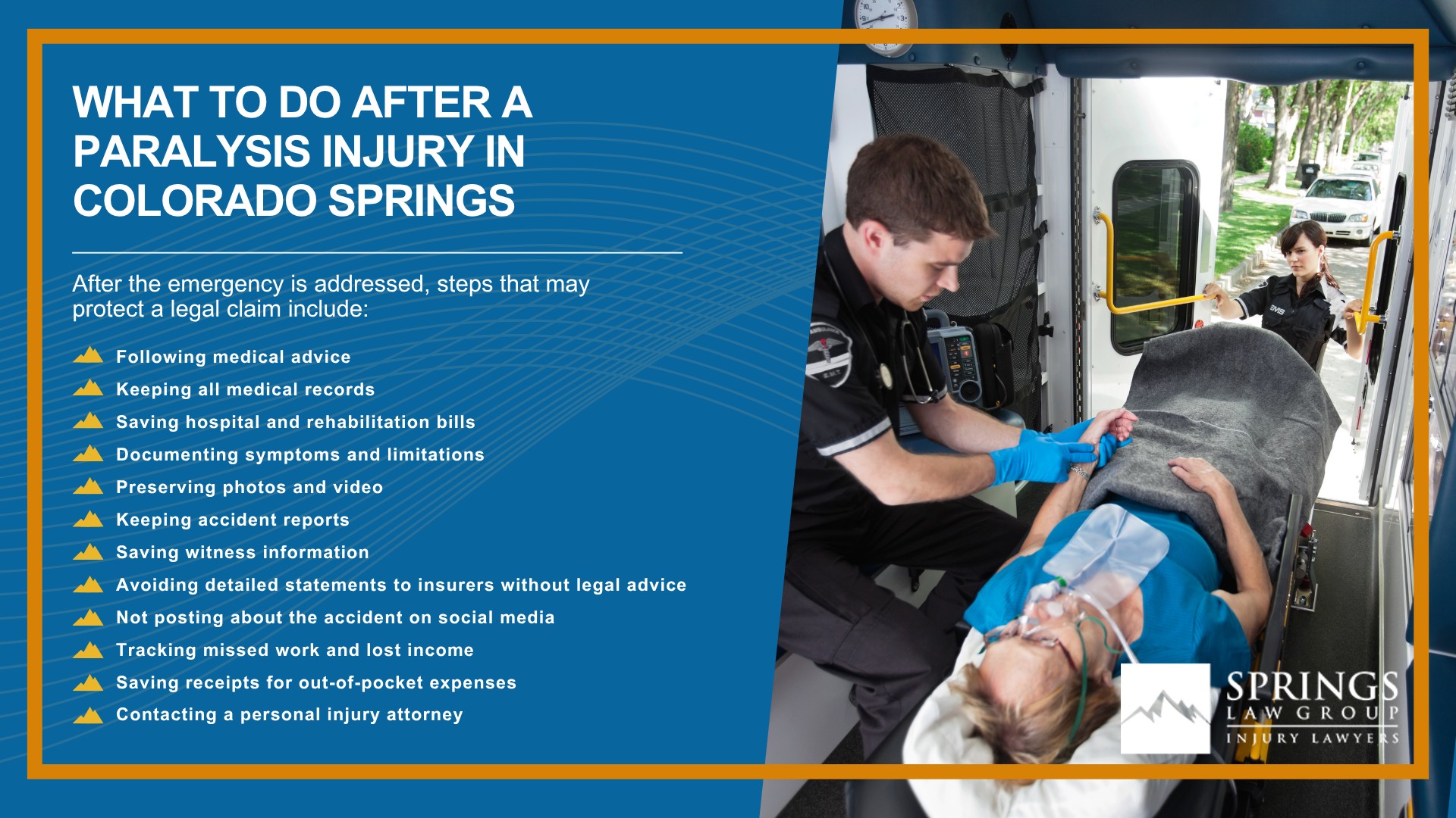 How Paralysis Injury Claims Are Different From Other Personal Injury Cases; Common Causes of Paralysis Injuries in Colorado Springs; Types of Paralysis Injuries; Complete vs. Incomplete Paralysis; Spinal Cord Injuries and Paralysis Claims; Common Symptoms and Complications After a Paralysis Injury; Who Can Be Held Liable for a Paralysis Injury; How Springs Law Group Investigates Rental Car Accident Claims; Evidence That Can Help Prove Fault After a Paralysis Injury; Medical Treatment and Long-Term Care After Paralysis; Life-Care Plans in Paralysis Injury Cases; What Compensation Can You Recover After a Paralysis Injury; Future Medical Costs in Paralysis Injury Cases; Lost Income and Reduced Earning Capacity After Paralysis; How Insurance Companies Handle Paralysis Injury Claims; What to Do After a Paralysis Injury in Colorado Springs