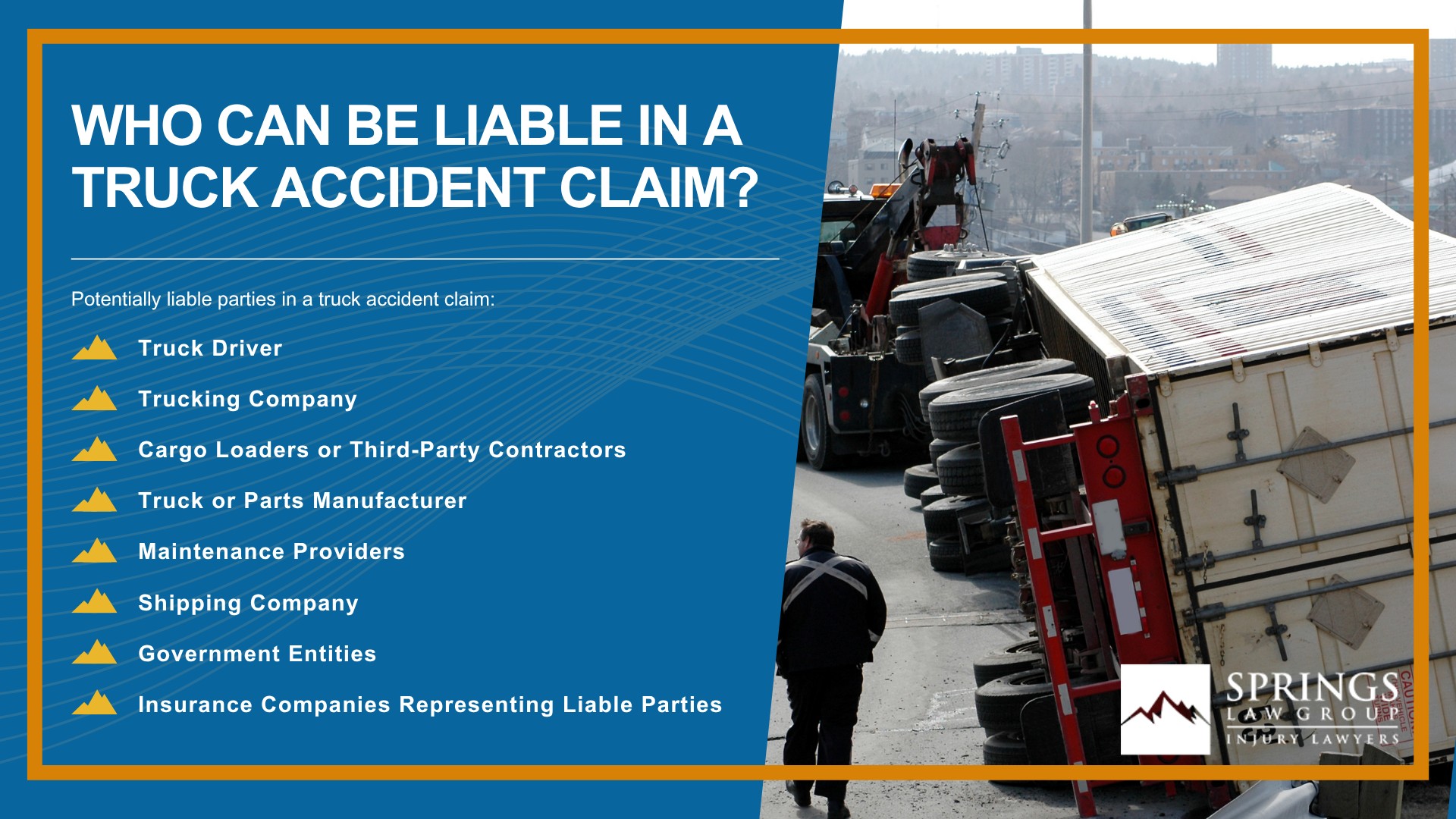 Meet Our Experienced Truck Accident Lawyers; Christopher Nicolaysen_ Colorado Springs Truck Accident Lawyer; How Much Does it Cost to Hire a Truck Accident Lawyer from Springs Law Group; What to Do After a Truck Accident in Colorado Springs, Colorado; Gather Evidence for a Truck Accident Claim; Damages in Truck Crash Cases; The Legal Process for Truck Accident Cases in Colorado; Who Can Be Liable in a Truck Accident Claim