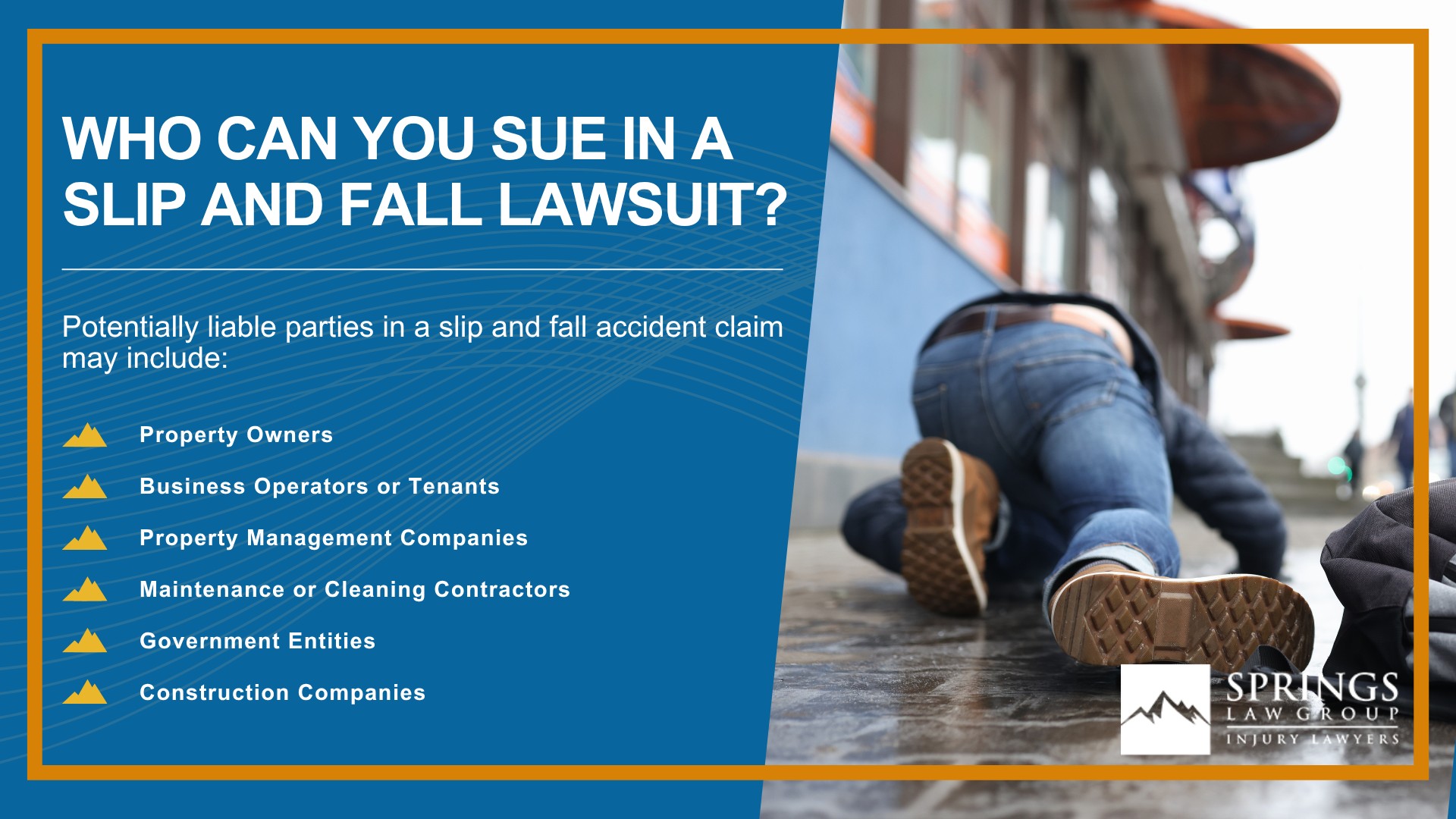 Meet Our Experienced Slip and Fall Attorneys; Christopher Nicolaysen_ Colorado Springs Slip and Fall Lawyer; How Much Does it Cost to Hire a Slip and Fall Lawyer from Springs Law Group; What To Do After a Slip and Fall Accident in Colorado Springs, Colorado; Gather Evidence for a Slip and Fall Claim; Damages in a Slip and Fall Case; When Can You File a Slip and Fall Claim in Colorado; Who Can You Sue in a Slip and Fall Lawsuit