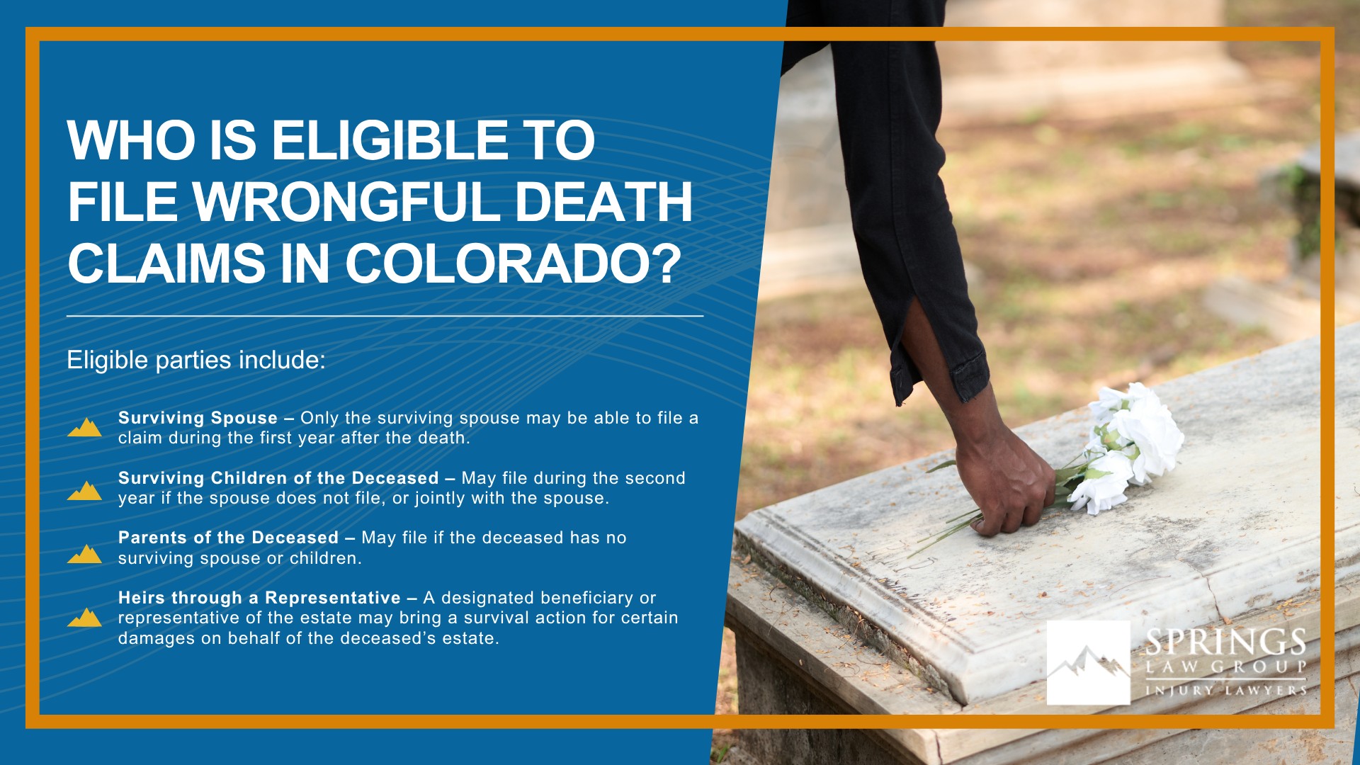 Meet Our Experienced Wrongful Death Lawyers; Meet Our Experienced Wrongful Death Lawyers (2); How Much Does it Cost to Hire a Wrongful Death Lawyer from Springs Law Group; The Legal Process for a Wrongful Death Lawsuit in Colorado; Who is Eligible to File Wrongful Death Claims in Colorado