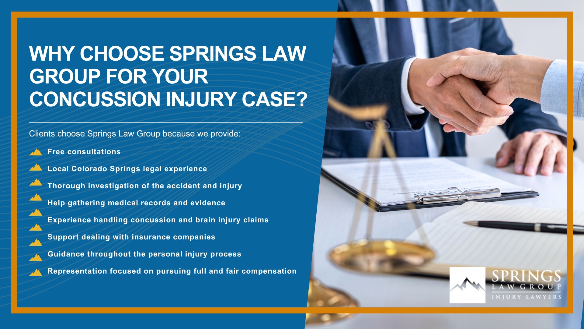 What Is a Concussion; How Concussion Injury Claims Are Different From Other Personal Injury Cases; Common Causes of Concussions in Colorado Springs; Common Symptoms of a Concussion After an Accident; Why Concussion Symptoms Can Appear Days After an Injury; Mild Traumatic Brain Injuries and Concussion Claims; Post-Concussion Syndrome After an Accident; Who Can Be Held Liable for a Concussion Injury; How Springs Law Group Investigates Concussion Injury Claims; Evidence That Can Help Prove a Concussion Injury Claim; Medical Treatment and Recovery After a Concussion; What Compensation Can You Recover After a Concussion; What to Do After a Concussion in Colorado Springs; What Is a Concussion; How Concussion Injury Claims Are Different From Other Personal Injury Cases; Common Causes of Concussions in Colorado Springs; Common Symptoms of a Concussion After an Accident; Why Concussion Symptoms Can Appear Days After an Injury; Mild Traumatic Brain Injuries and Concussion Claims; Post-Concussion Syndrome After an Accident; Who Can Be Held Liable for a Concussion Injury; How Springs Law Group Investigates Concussion Injury Claims; Evidence That Can Help Prove a Concussion Injury Claim; Medical Treatment and Recovery After a Concussion; What Compensation Can You Recover After a Concussion; What to Do After a Concussion in Colorado Springs; How Long Do You Have to File a Concussion Claim in Colorado; Why Choose Springs Law Group for Your Concussion Injury Case