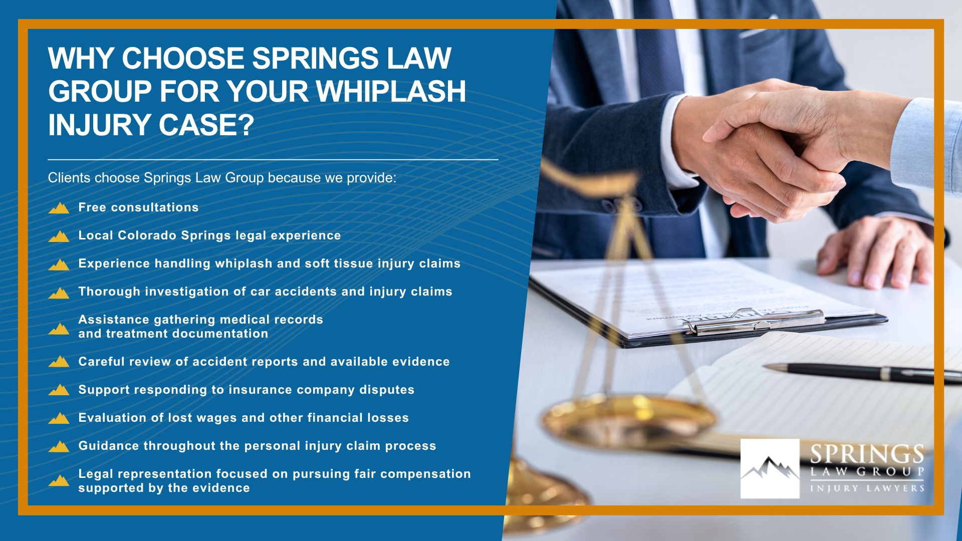 What Is Whiplash; How Whiplash Injury Claims Are Different From Other Personal Injury Cases; Common Causes of Whiplash Injuries in Colorado Springs; Rear-End Accidents and Whiplash Claims; Common Symptoms of Whiplash After an Accident; Why Whiplash Symptoms Can Appear Days After a Crash; Who Can Be Held Liable for a Whiplash Injury; What Is Whiplash; How Whiplash Injury Claims Are Different From Other Personal Injury Cases; Common Causes of Whiplash Injuries in Colorado Springs; Rear-End Accidents and Whiplash Claims; Common Symptoms of Whiplash After an Accident; Why Whiplash Symptoms Can Appear Days After a Crash; Who Can Be Held Liable for a Whiplash Injury; How Springs Law Group Investigates Whiplash Injury Claims; Evidence That Can Help Prove a Whiplash Injury Claim; Medical Treatment and Physical Therapy After Whiplash; What Compensation Can You Recover After a Whiplash Injury; What to Do After a Whiplash Injury in Colorado Springs; How Colorado Law Affects Whiplash Injury Claims; How Long Do You Have to File a Whiplash Claim in Colorado; Why Choose Springs Law Group for Your Whiplash Injury Case
