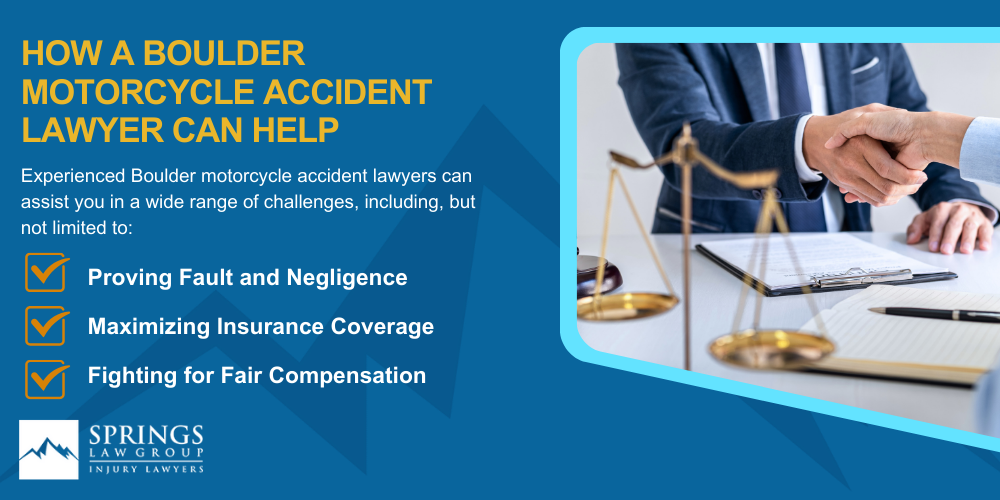 Hiring A Motorcycle Accident Lawyer In Boulder, Colorado (CO); Types Of Motorcycle Accidents In Boulder, Colorado (CO); Motorcycle Insurance Laws In Boulder, Colorado (CO); Navigating The Claims Process After A Motorcycle Accident In Boulder, Colorado (CO); Common Injuries Sustained In Boulder Motorcycle Accidents; How A Boulder Motorcycle Accident Lawyer Can Help