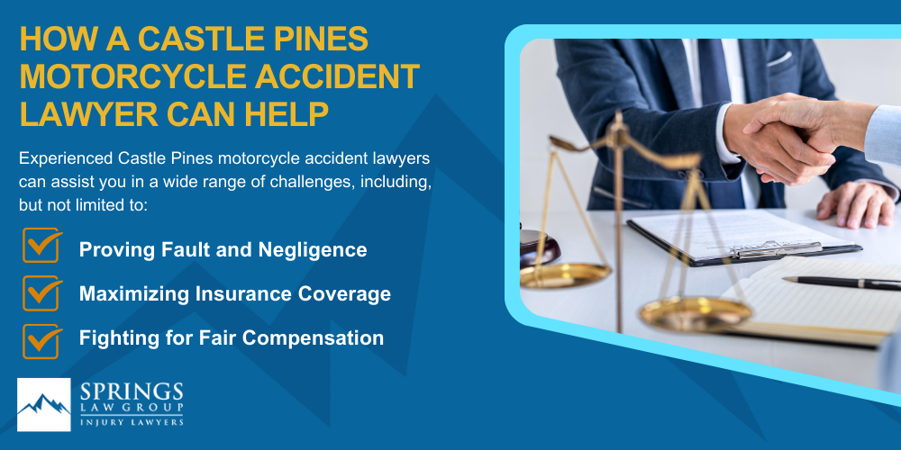 Hiring A Motorcycle Accident Lawyer In Castle Pines, Colorado (CO); Types Of Motorcycle Accidents In Castle Pines, Colorado (CO); Motorcycle Insurance Laws In Castle Pines, Colorado (CO); Navigating The Claims Process After A Motorcycle Accident In Castle Pines, Colorado (CO); Common Injuries Sustained In Castle Pines Motorcycle Accidents; How A Castle Pines Motorcycle Accident Lawyer Can Help