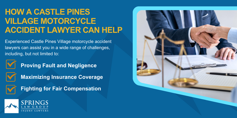 Hiring A Motorcycle Accident Lawyer In Castle Pines Village, Colorado (CO); Types Of Motorcycle Accidents In Castle Pines Village, Colorado (CO); Motorcycle Insurance Laws In Castle Pines Village, Colorado (CO); Navigating The Claims Process After A Motorcycle Accident In Castle Pines Village, Colorado (CO); Common Injuries Sustained In Castle Pines Village Motorcycle Accidents; How A Castle Pines Village Motorcycle Accident Lawyer Can Help
