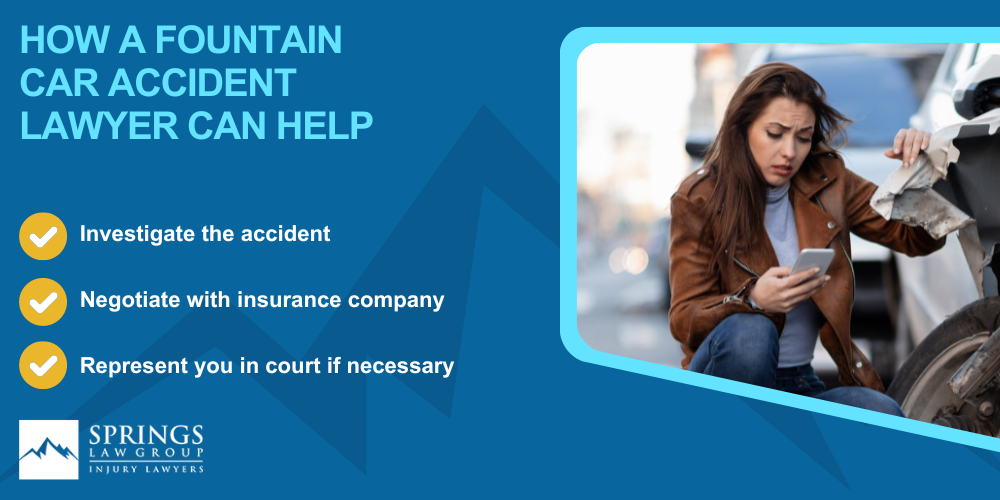 Why Hire a Fountain Car Accident Lawyer; Understanding Negligence in Fountain Car Accidents; Types of Car Accident Claims in Fountain, Colorado (CO); What to Do After a Car Accident in Fountain, Colorado (CO); Compensation and Damages in a Car Accident Claim in Fountain, Colorado (CO); How A Fountain Car Accident Lawyer Can Help