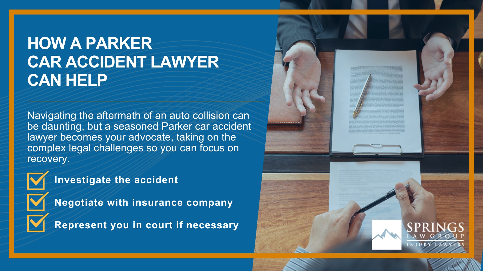 Why Hire a Parker Car Accident Lawyer; Types of Car Accident Claims in Parker, Colorado (CO); Understanding Negligence in Parker Car Accidents; What to Do After a Car Accident in Parker, Colorado (CO); Compensation and Damages in a Car Accident Claim in Parker, Colorado (CO); How a Meridian Car Accident Lawyer Can Help
